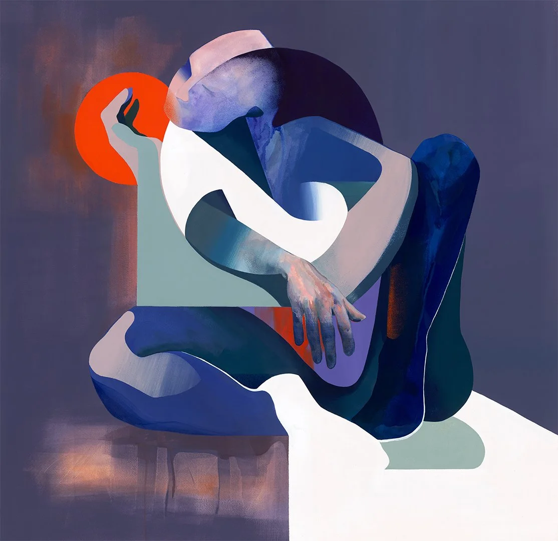Peinture "Messager" représentant une personne assise, en posture de réflexion, avec des couleurs vives comme le orange, le bleu et le violet.