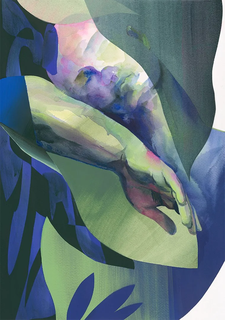 Peinture "ma nature n°6",  représentant un portrait et une main délicate entourée de formes végétales dans des tons verts, bleus et violets.