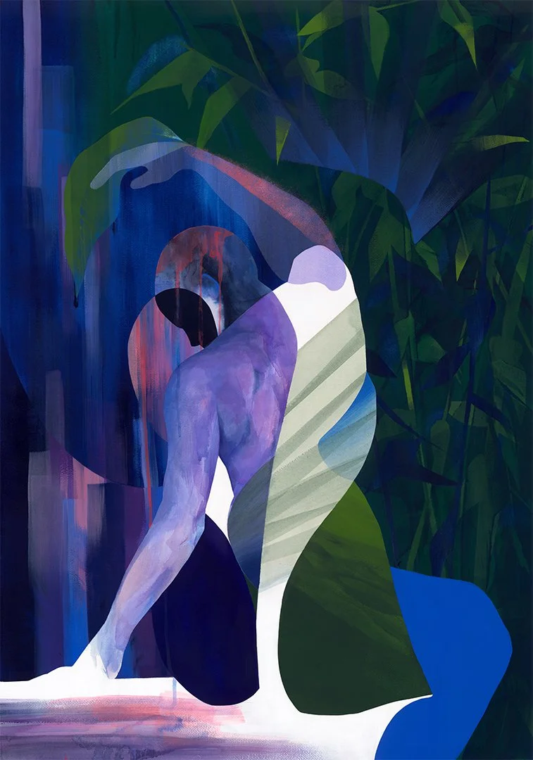 Peinture "sous ton aile" représentant un visage et un corps féminin stylisés dans un environnement naturel avec des feuilles vertes en arrière-plan.