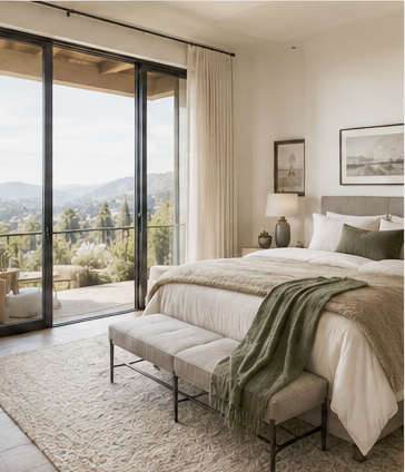 Modern bedroom with a large glass sliding door opening to a balcony with scenic mountain views, beige bed with green and white bedding, a bench at the foot of the bed, and framed artwork on the wall.