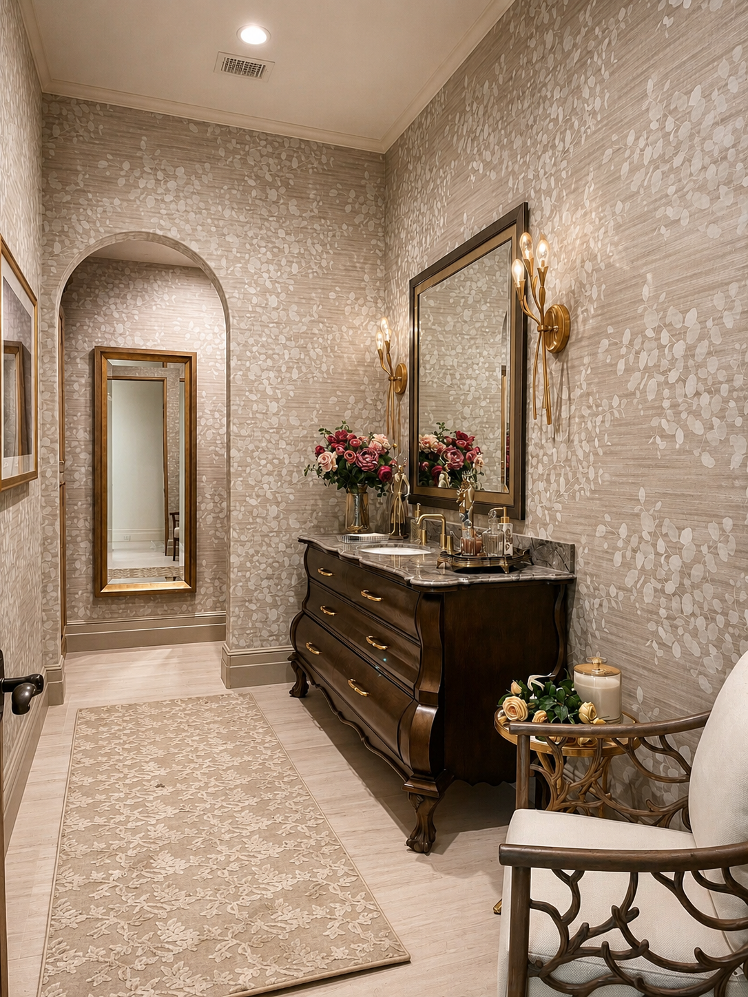 Elegant powder room with floral wallpaper, a dark wooden dresser with marble top, a mirror, gold wall sconces, a bouquet of pink and white flowers, a large mirror, a beige rug, a white cushioned chair, and decorative candles.