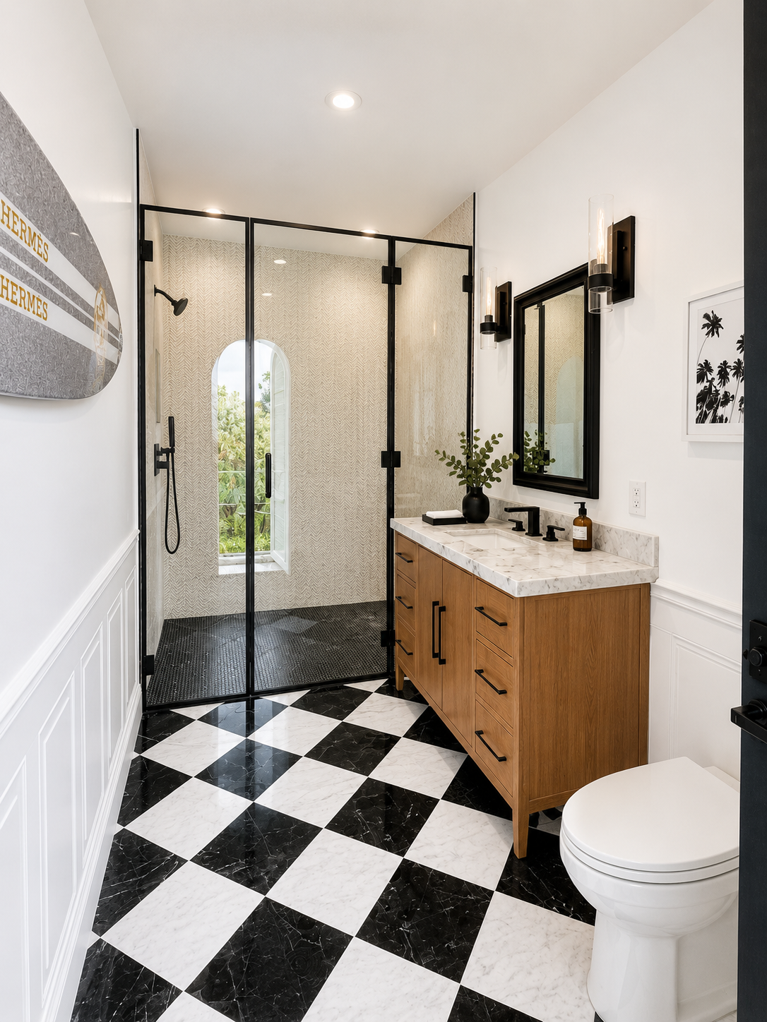 Modern bathroom with black and white checkered floor, wooden vanity with marble top, black-framed mirror, black wall-mounted lights, plant in black vase, and a glass-walled shower with patterned wall and window.