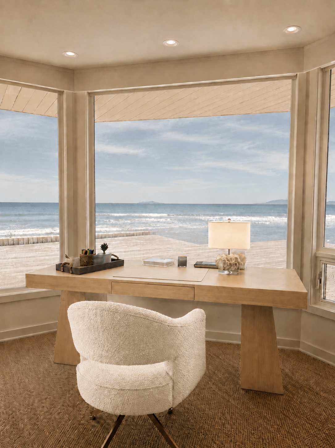 A home office with a desk and a view of the beach and ocean through large windows, with a white upholstered chair and a bedside lamp on the desk.