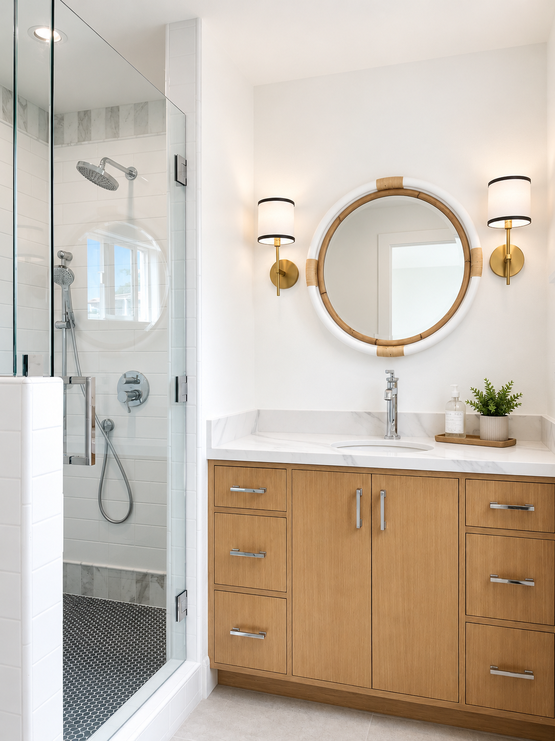 Modern bathroom with a glass-enclosed shower on the left, wooden vanity with a marble countertop, round mirror, and two wall-mounted light fixtures.