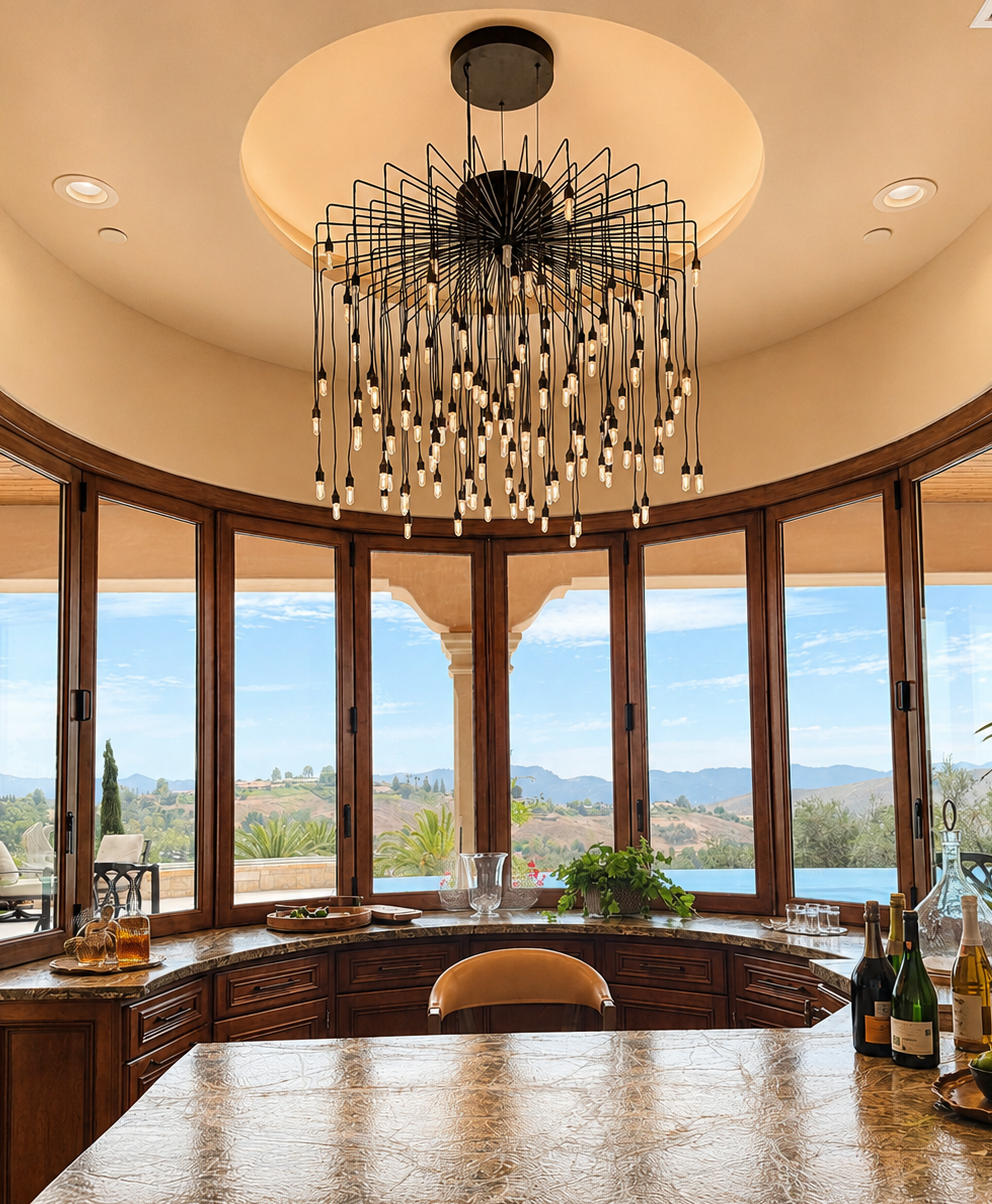 Elegant kitchen with wooden cabinets, a marble countertop, a modern chandelier with multiple hanging bulbs, large bay windows showing a scenic landscape with hills, trees, and a body of water, and various bottles and glassware on the counter.