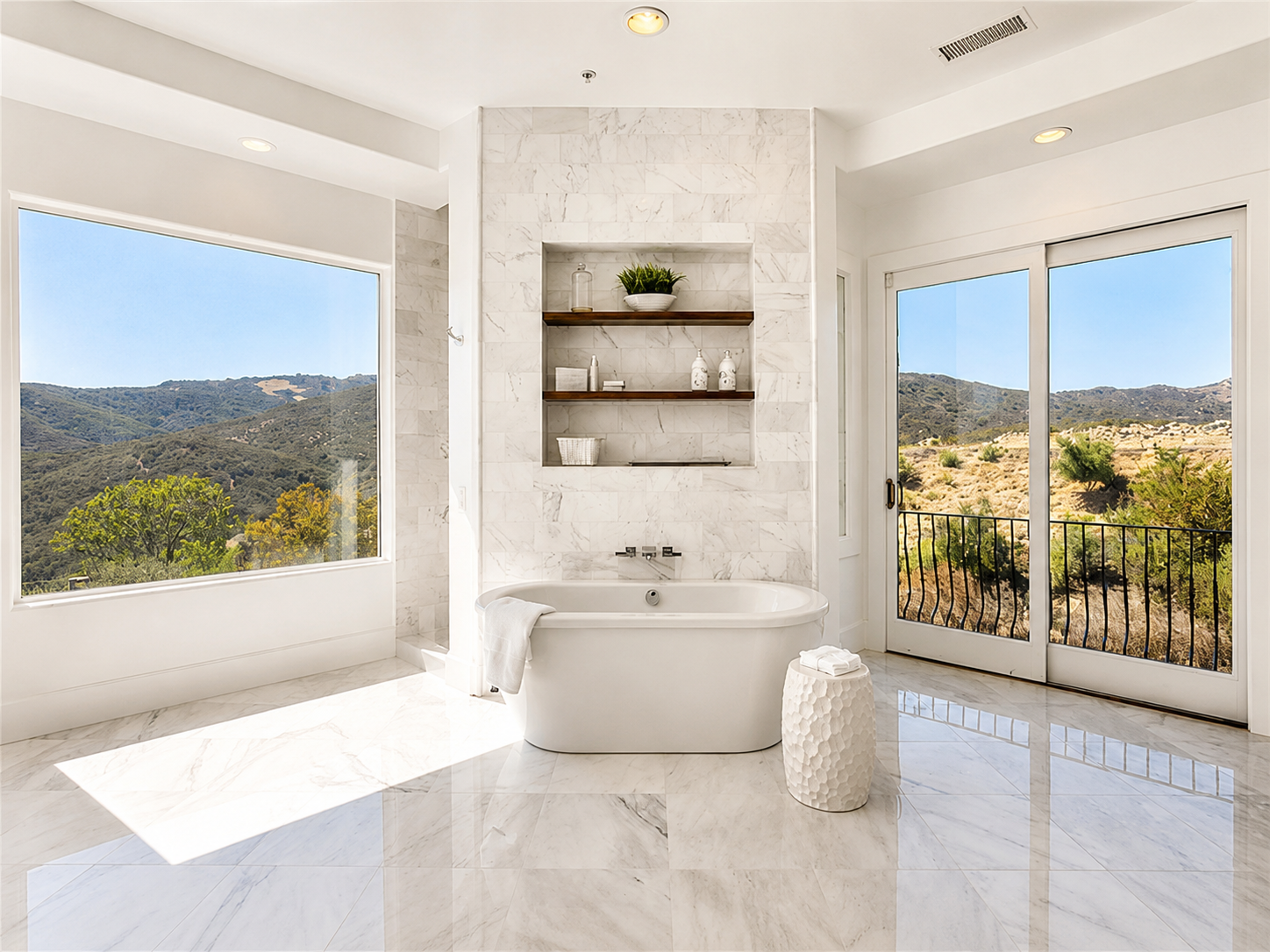 Modern bathroom with large windows showing mountain landscape, white bathtub, marble floor, and shelves with decor.