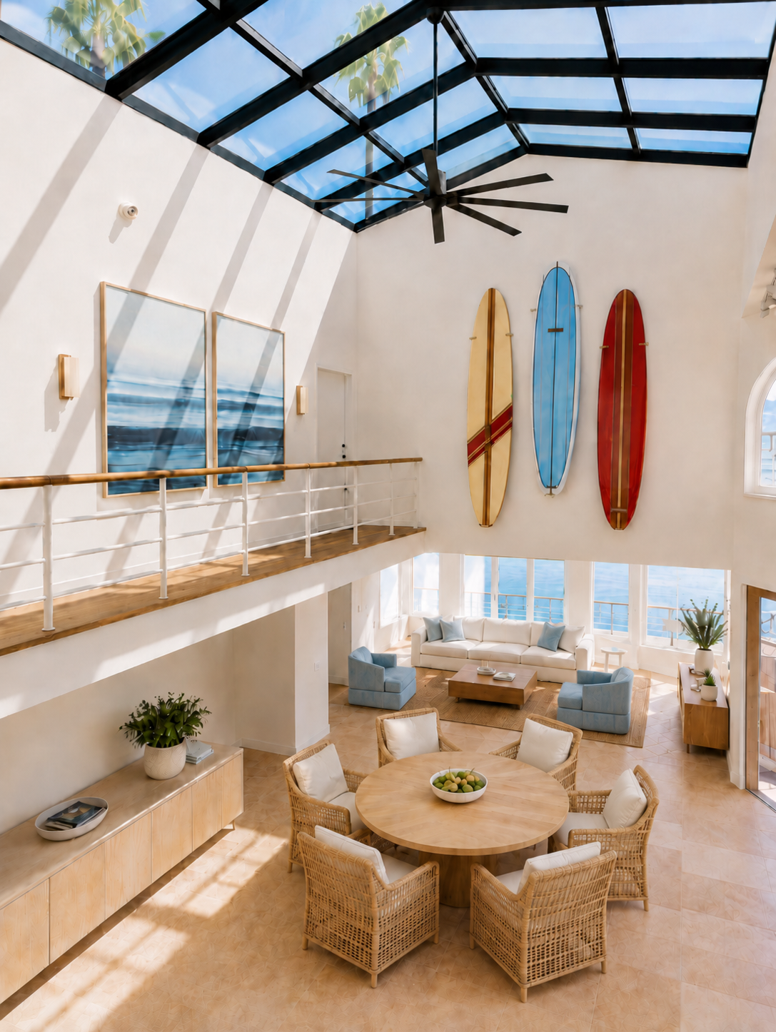 A bright, spacious living room with a high, glass ceiling and ocean view, featuring surfboard wall art, a white sofa with pastel cushions, a round dining table with wicker chairs, and tropical plants.