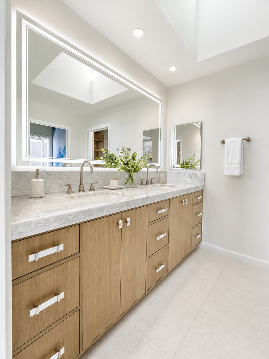 A modern bathroom vanity with a marble countertop, dual sinks with brushed nickel faucets, and a large backlit mirror. There are green plants and bathroom accessories on the counter, and a white towel hanging on a bar on the wall. Beige floor tiles a