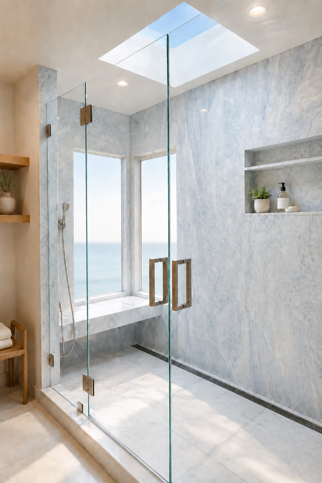 Modern bathroom shower with glass door, marble walls, built-in shelf with plants and toiletries, and a window overlooking the ocean.