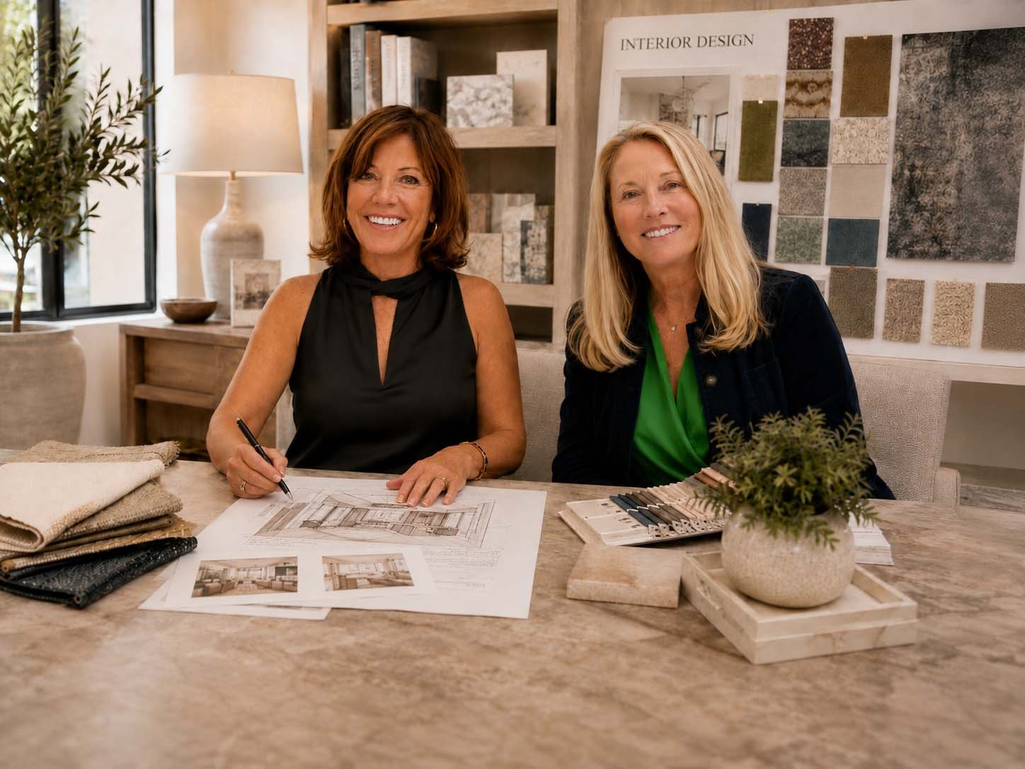 Two women sitting at a table, reviewing interior design plans and fabric samples, in a room with interior design samples and a potted plant.