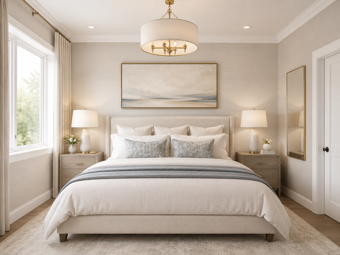 A neatly made bed with a beige upholstered headboard, multiple white and light blue pillows, and a gray runner, flanked by two wooden nightstands with white lamps, a painting above the bed, and a large window with beige curtains to the left, in a mod