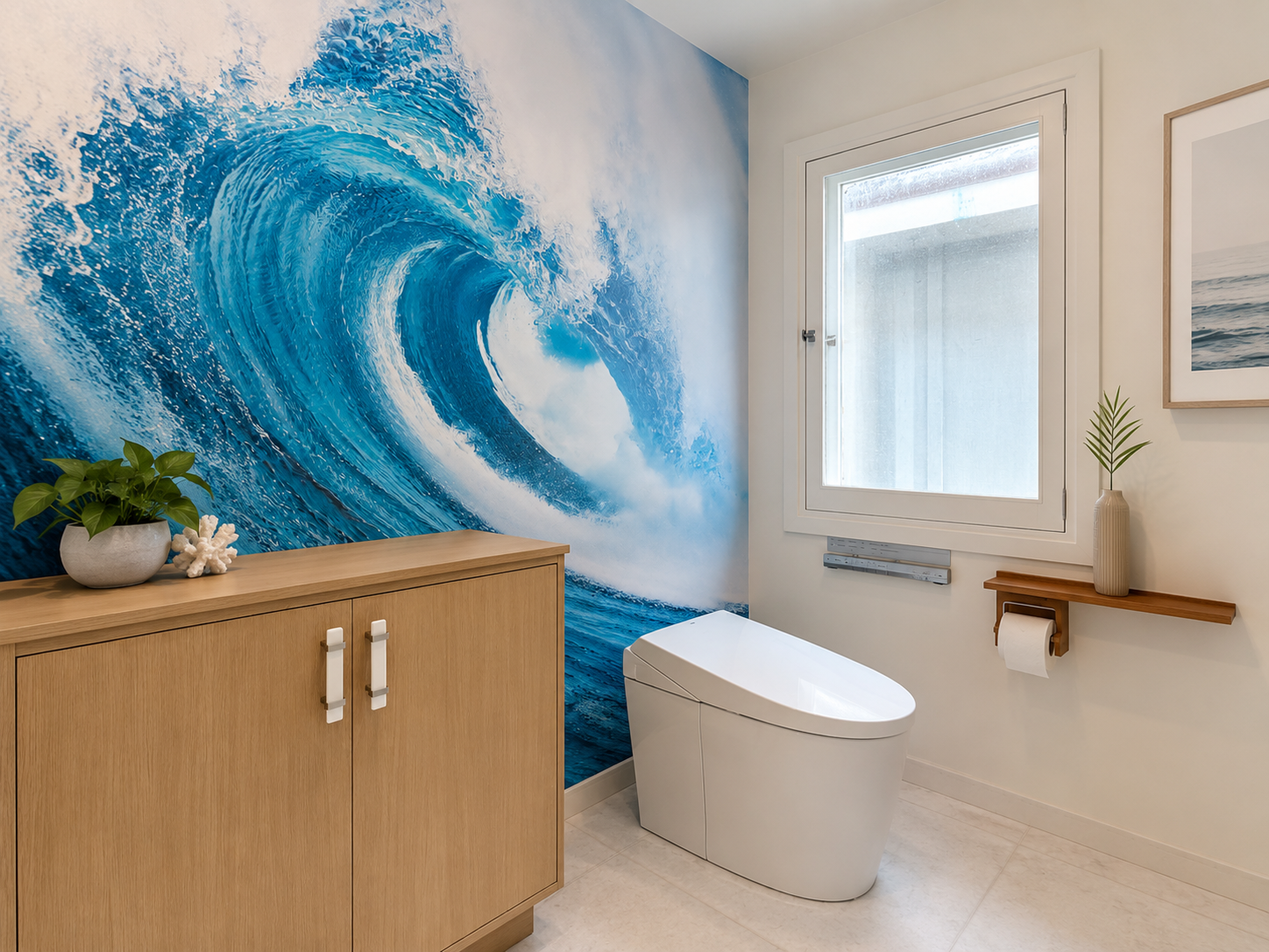 Modern bathroom with wave mural wall, white toilet, wooden cabinet, small plant, and window