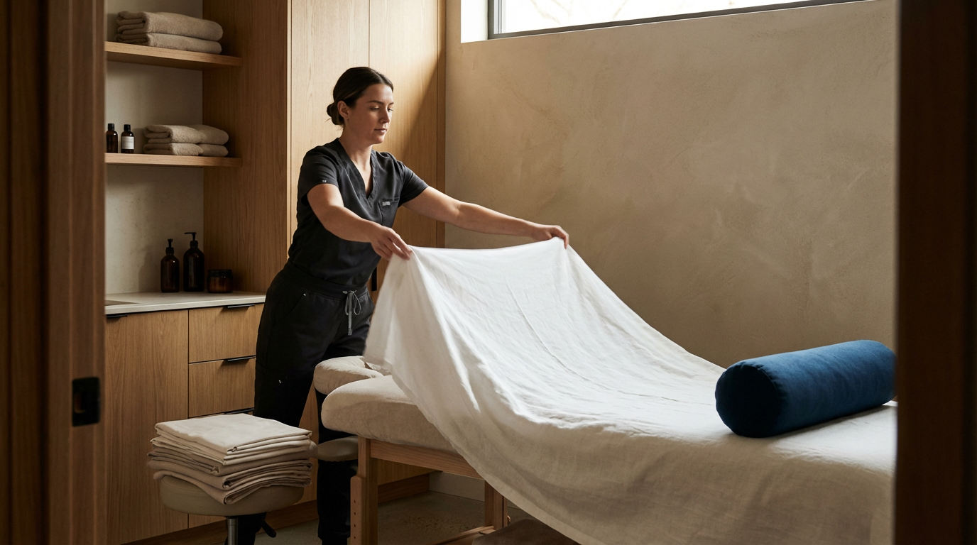 A woman in dark scrubs makes a massage bed in a massage room by placing a white sheet over it, with a cylindrical blue pillow at the head.