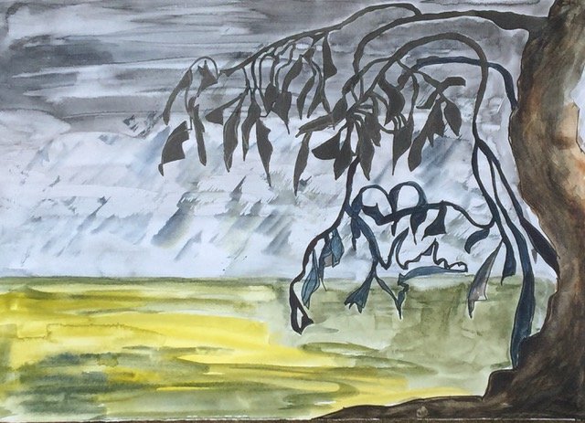 Rainy night, 
The top leaves wave 
In the gray sky