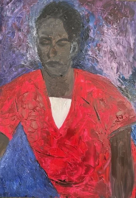 'Lady in Red' 
Oil on board 
46 x 61 cms