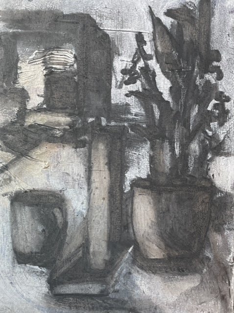‘Kitchen table’ 
- charcoal on board -