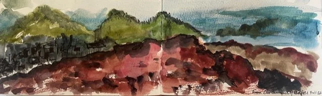 'From the summit of the Eldfell volcano (last erupted in the 1973), Heimaey island, Vestmannaeyjar, Iceland' 
- Ink & watercolour -