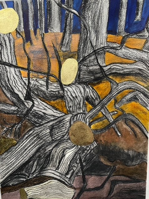 ‘Sawn off (2)’ 
- compressed charcoal, inks and watercolour on paper -