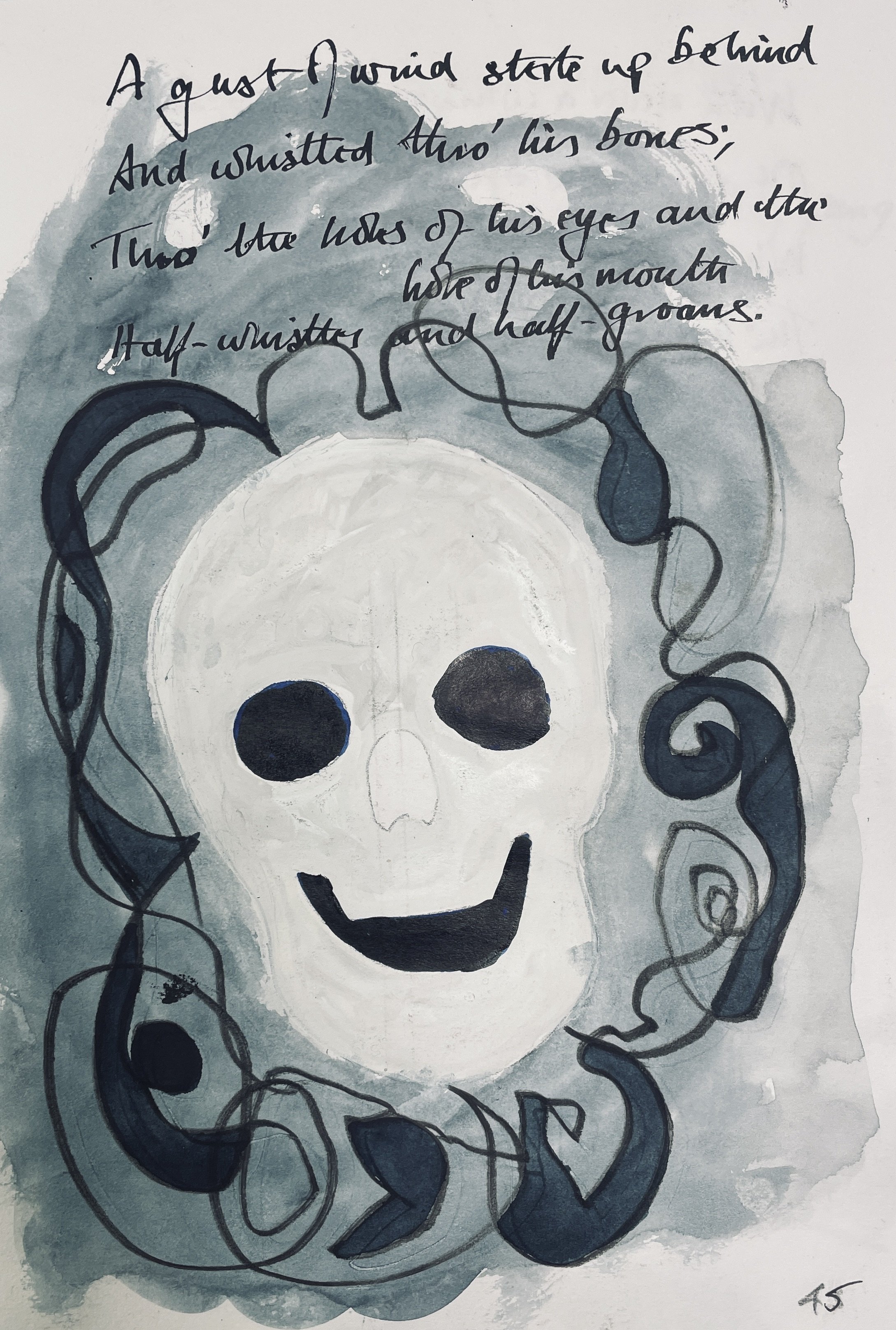 A gust of wind stirred up behind 
And whistled thro' his bones; 
Thro the holes of his eyes and the hole of his mouth 
Half-whistles and half-groans