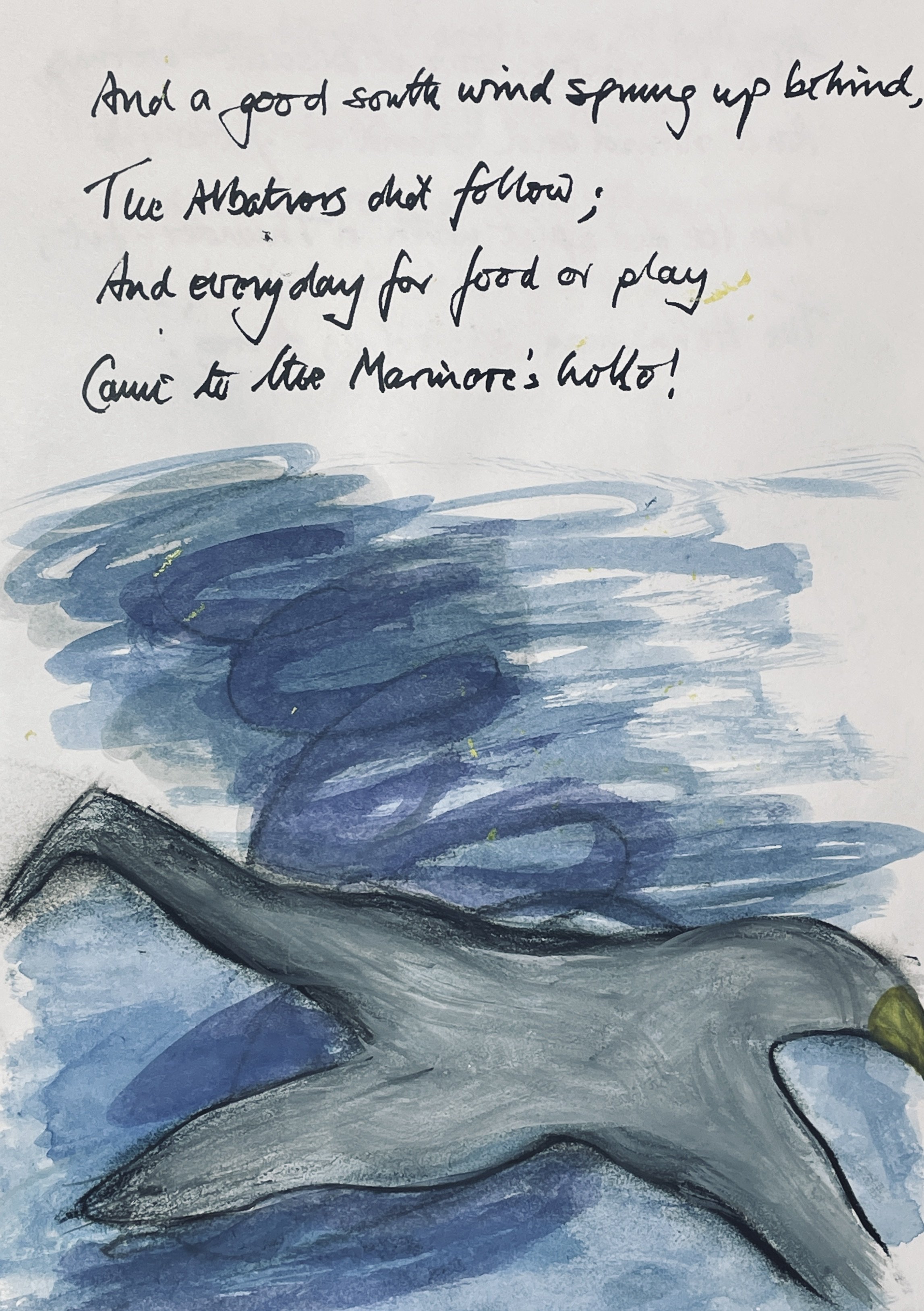 And a good south wind sprung up behind; 
The Albatross did follow, 
And every day, for food or play, 
Came to the mariner's hollo!