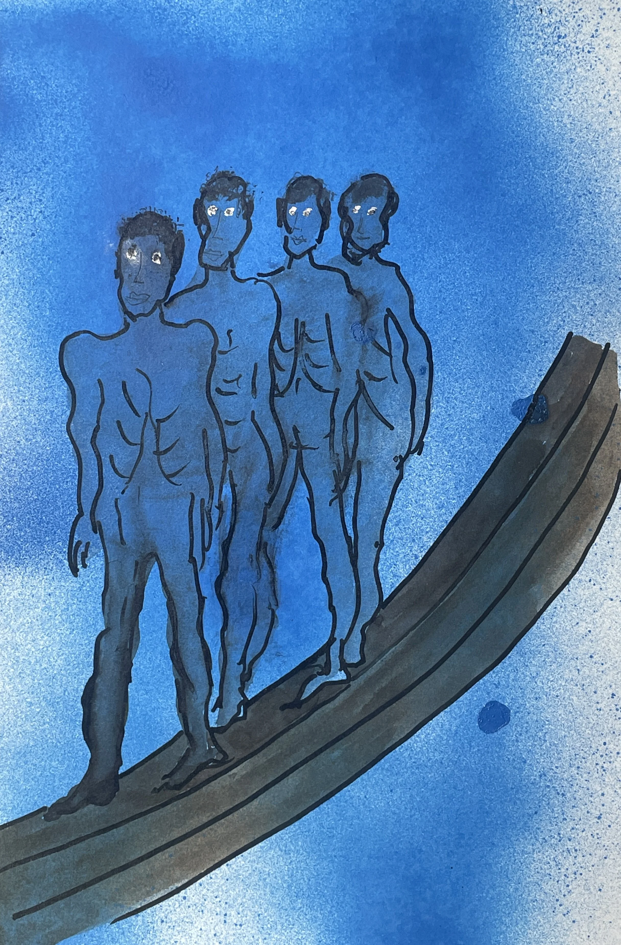6 
All stood together on he deck, 
For a charnel-dungeon fitter: 
All fix’d on me their stony eyes 
That in the moon did glitter.