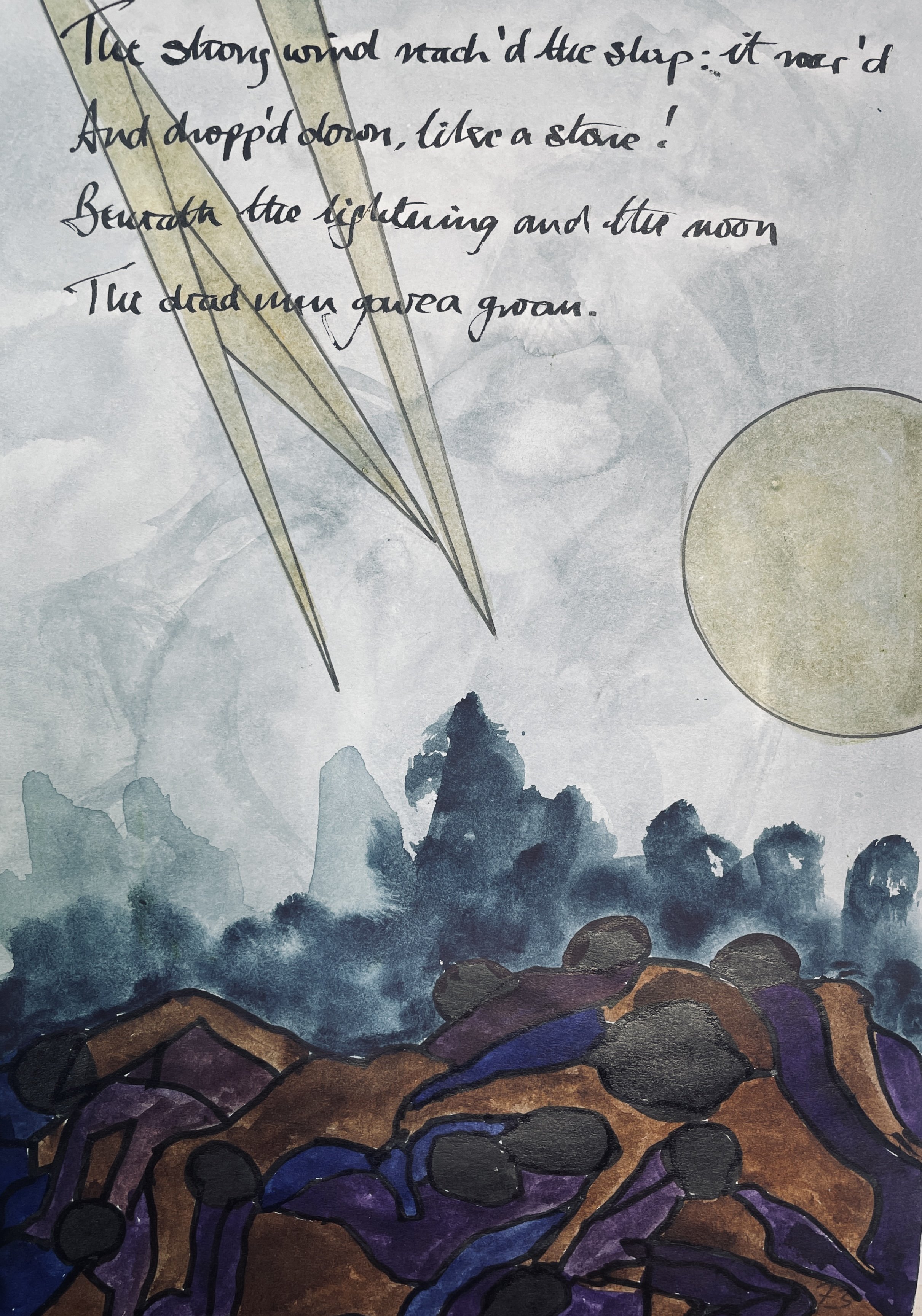 The stormy wind reach'd the ship, 
Yet now the ship moved on! 
Beneath the lightning and the Moon 
The dead men gave a groan.