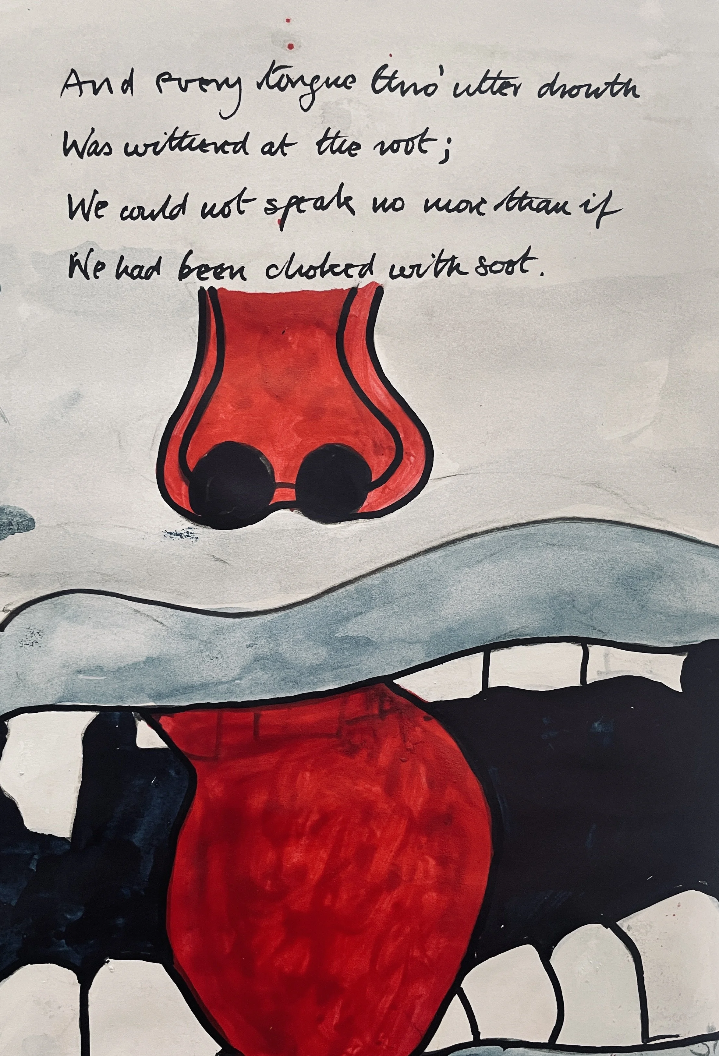 And every tongue, through utter drought, 
Was withered at the root; 
We could not speak, no more than if 
We had been choked with soot.
