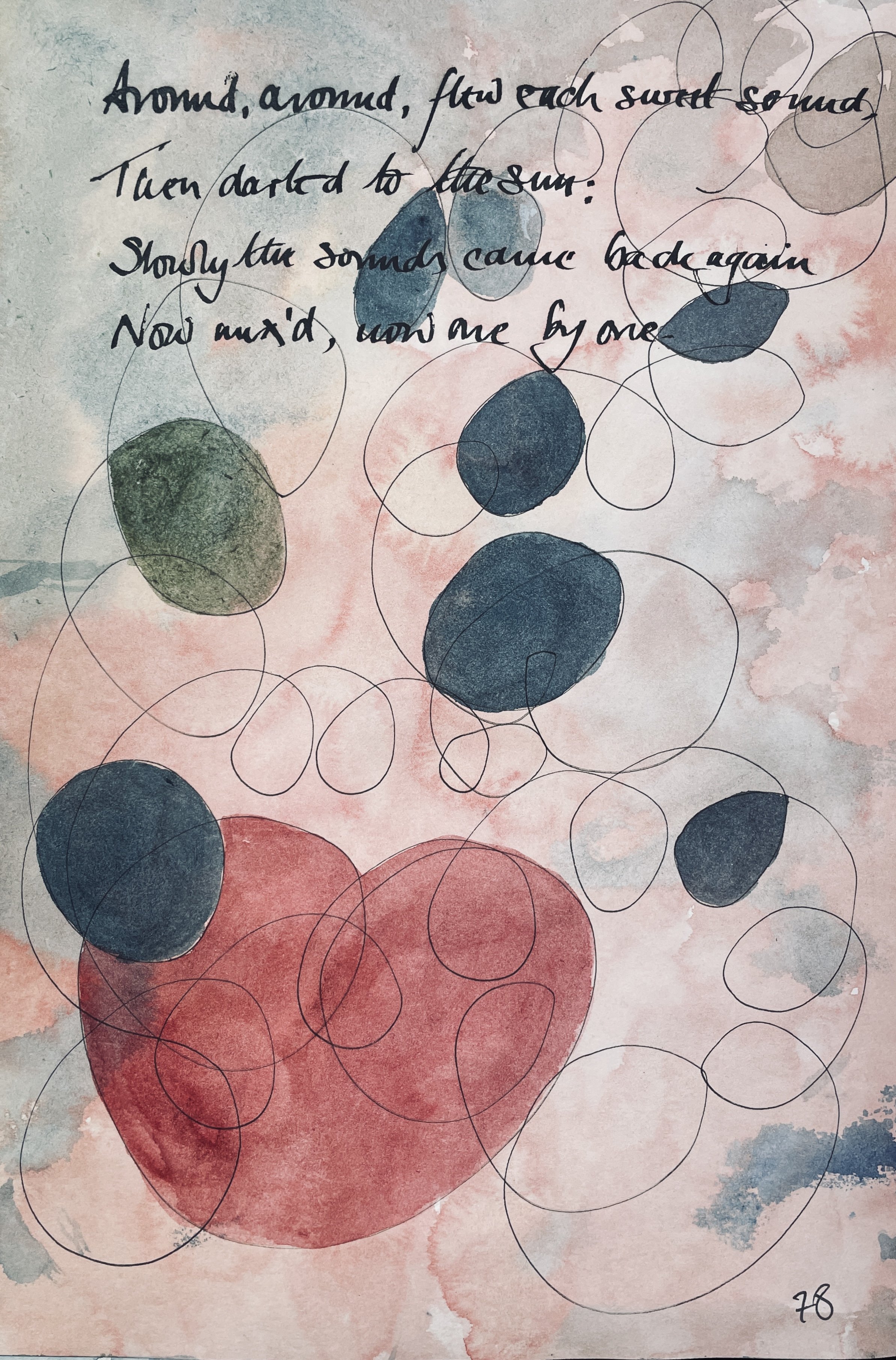 Around, around, flew each sweet sound, 
Then darted to the Sun; 
Slowly the sounds came back again, 
Now mixed, now one by one.