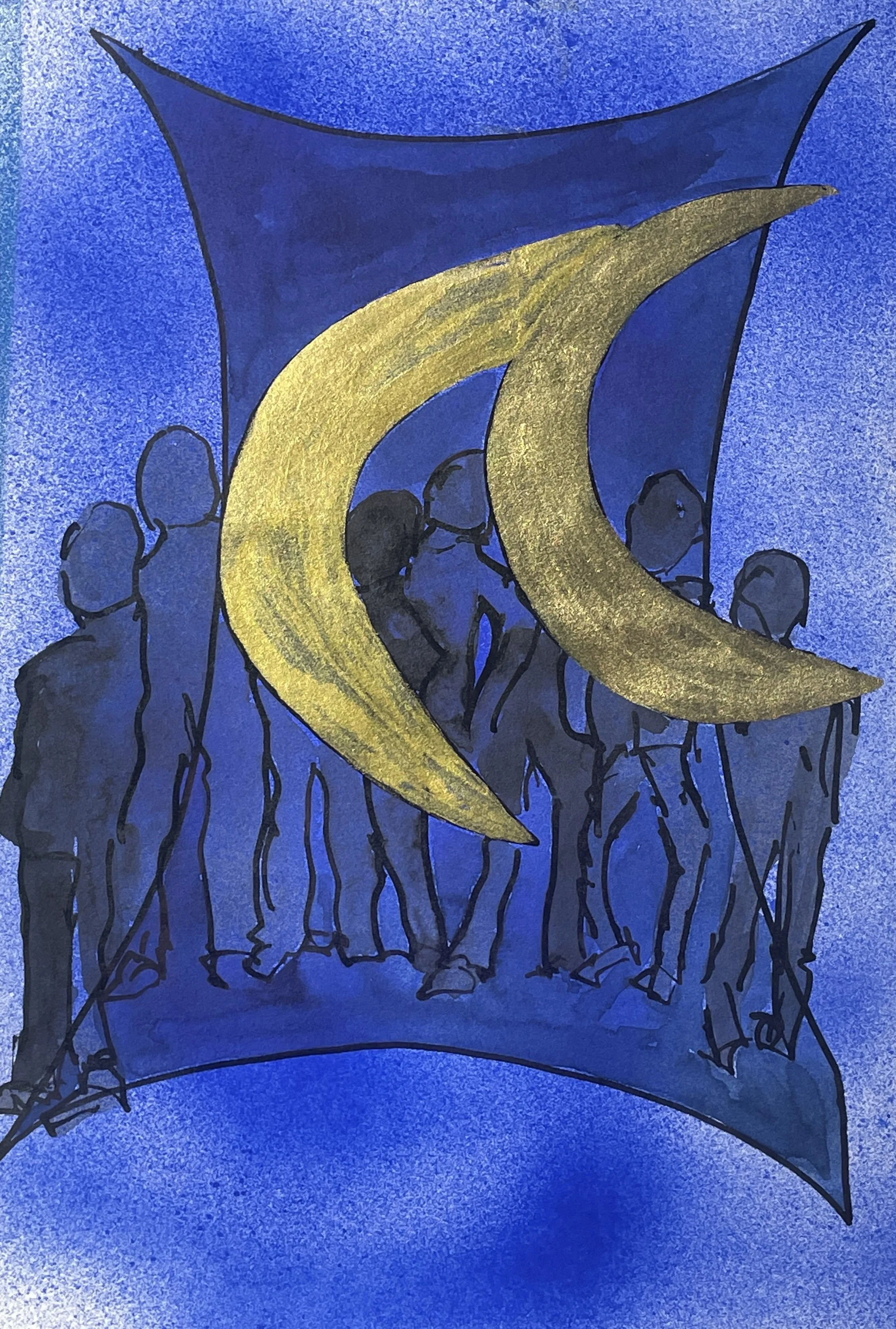 5 
I woke, and we were sailing on 
As in a gentle weather; 
’Twas night, calm night, the moon was high: 
The dead men stood together.