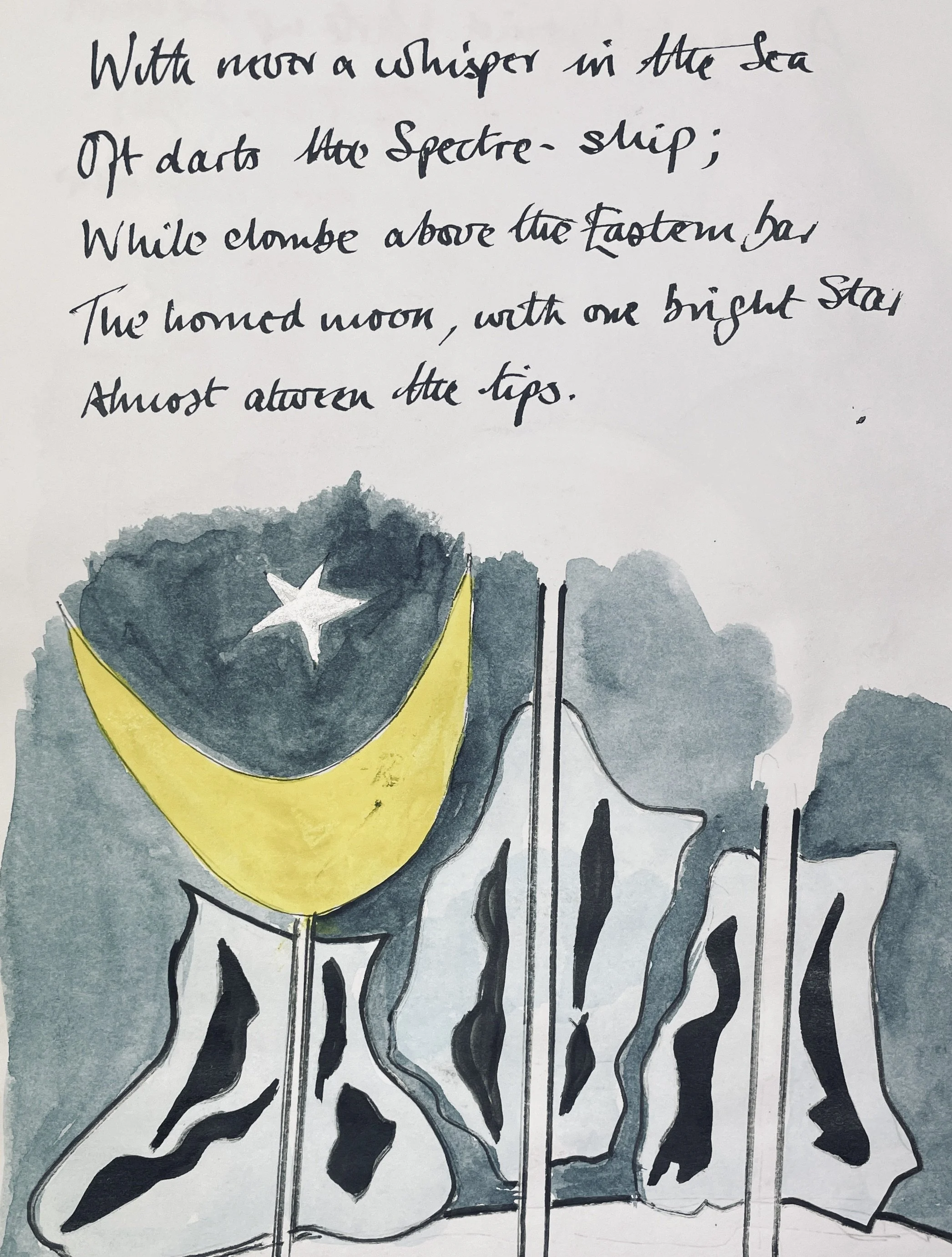 With never a whisper in the sea 
Off darts the spectre-ship; 
While clombe above the Eastern bar 
The homed moon, with one bright star 
Almost between the tips