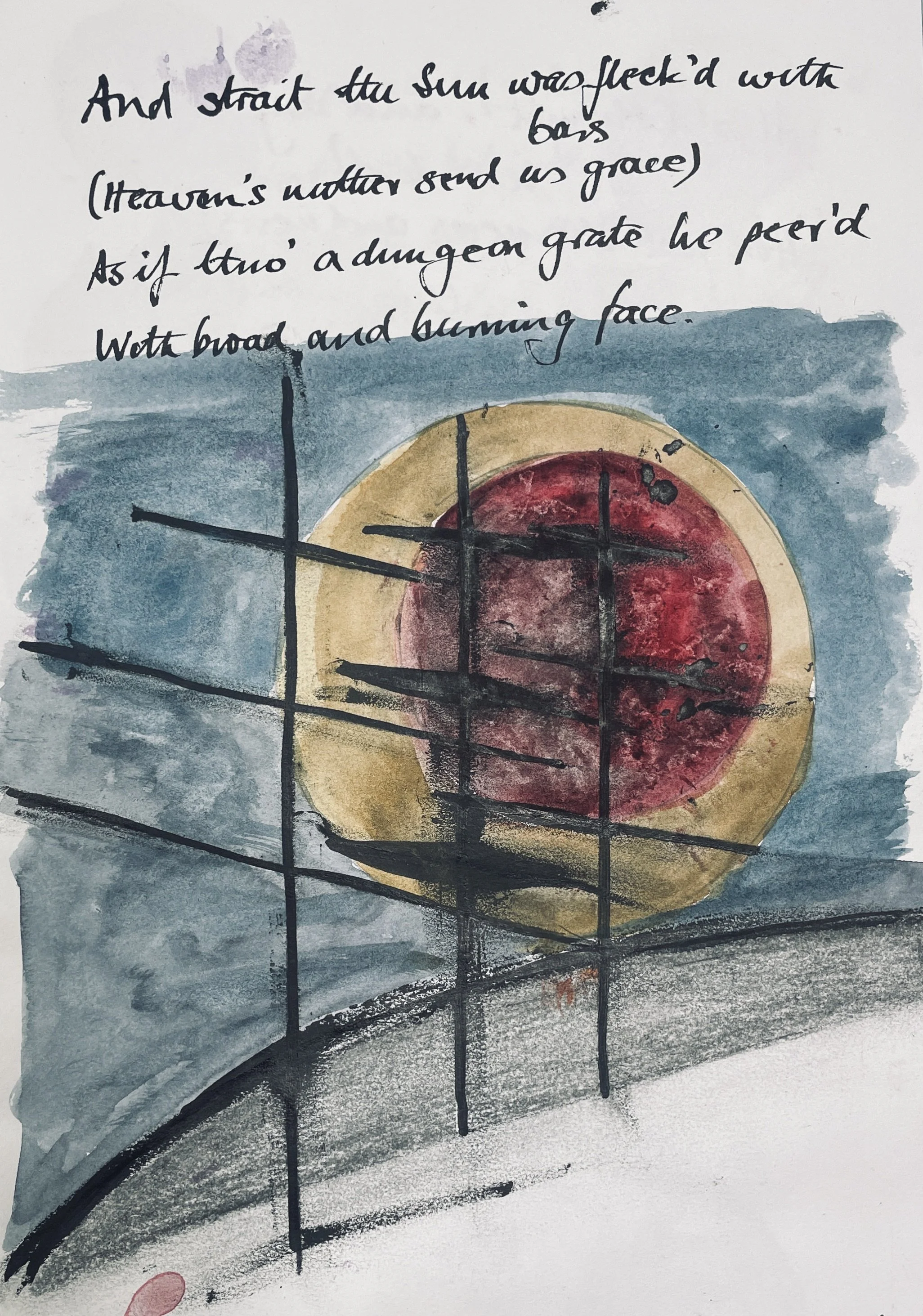 And straight the Sun was flecked with bars, 
(Heaven's Mother send us grace!) 
As if through a dungeon-grate he peered 
With broad and burning face.