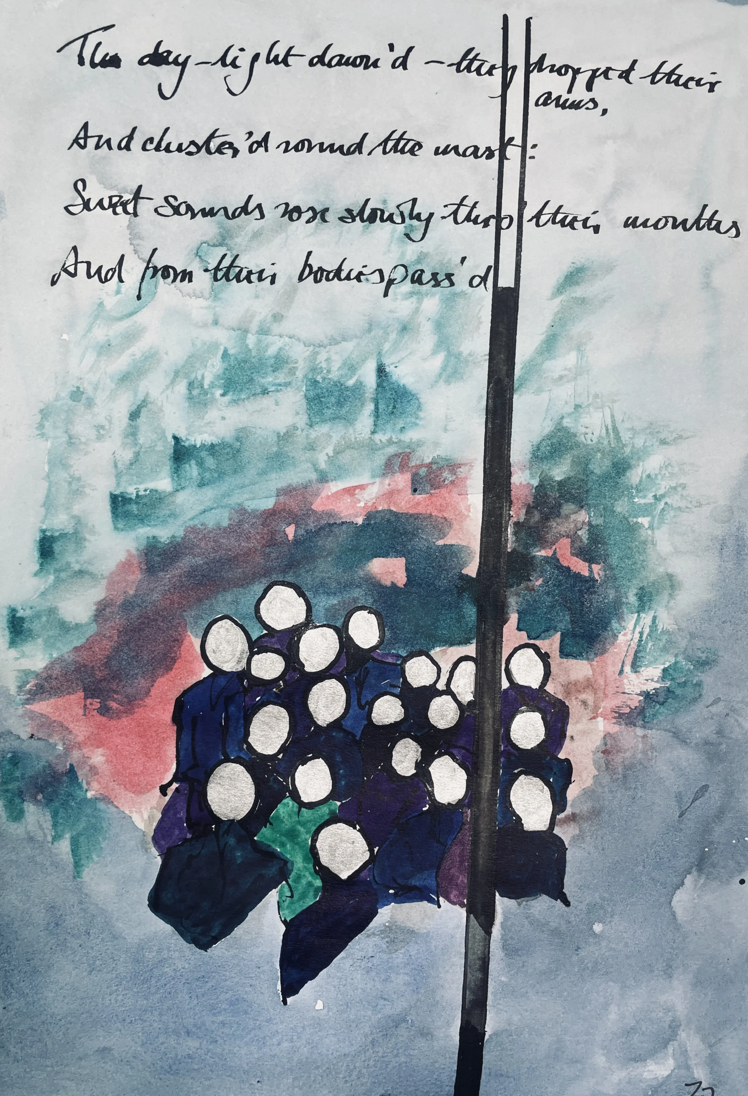 For when it dawned—they dropped their arms, 
And clustered round the mast; 
Sweet sounds rose slowly through their mouths, 
And from their bodies passed.