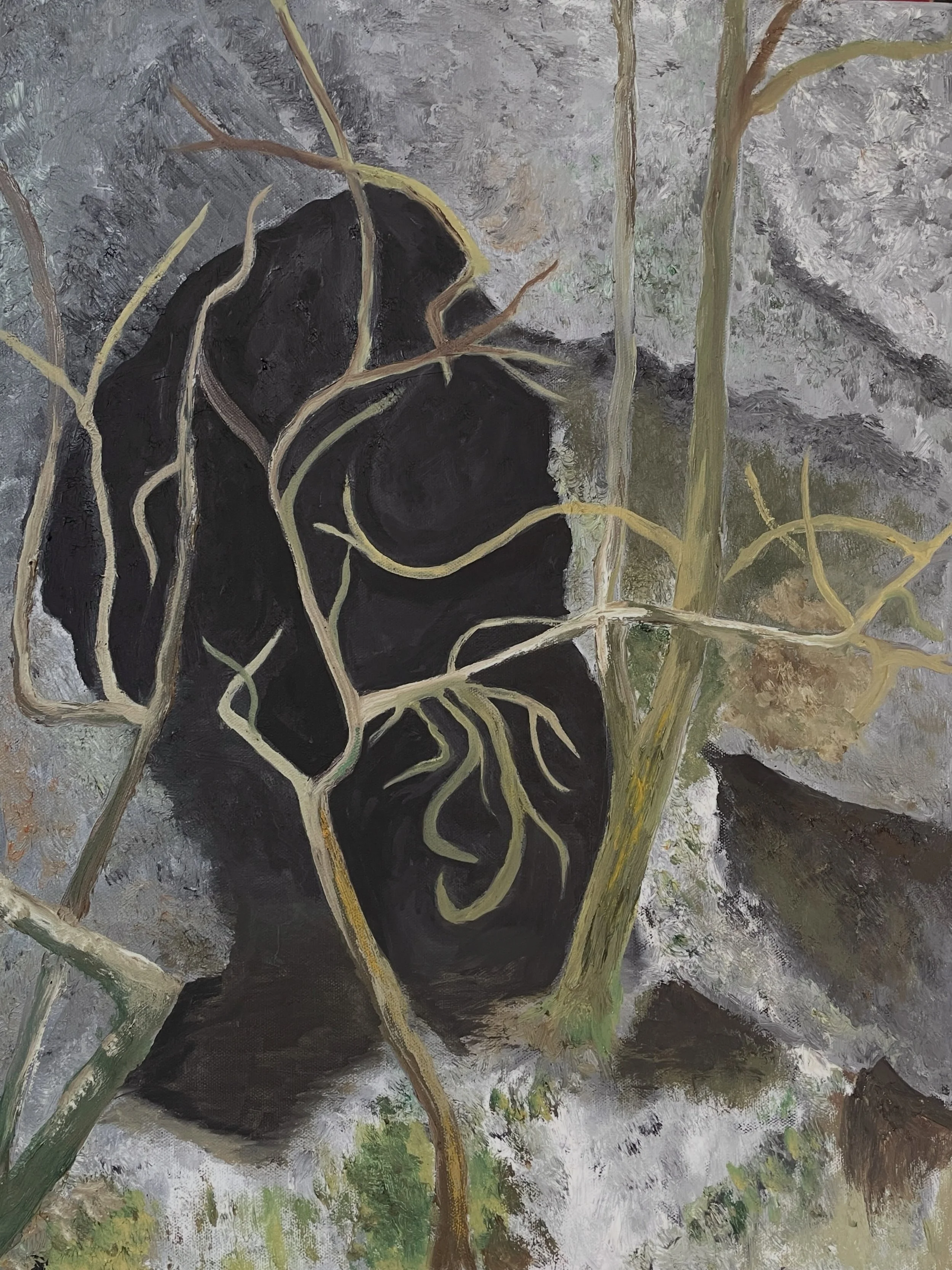 A cave entrance on Loughrigg Fell on the fell side above Grasmere. Oil painting from a photo taken when walking in Spring this year. 
Not posted anything for years!  Time to start again?  Still making lots of work&hellip;&hellip;