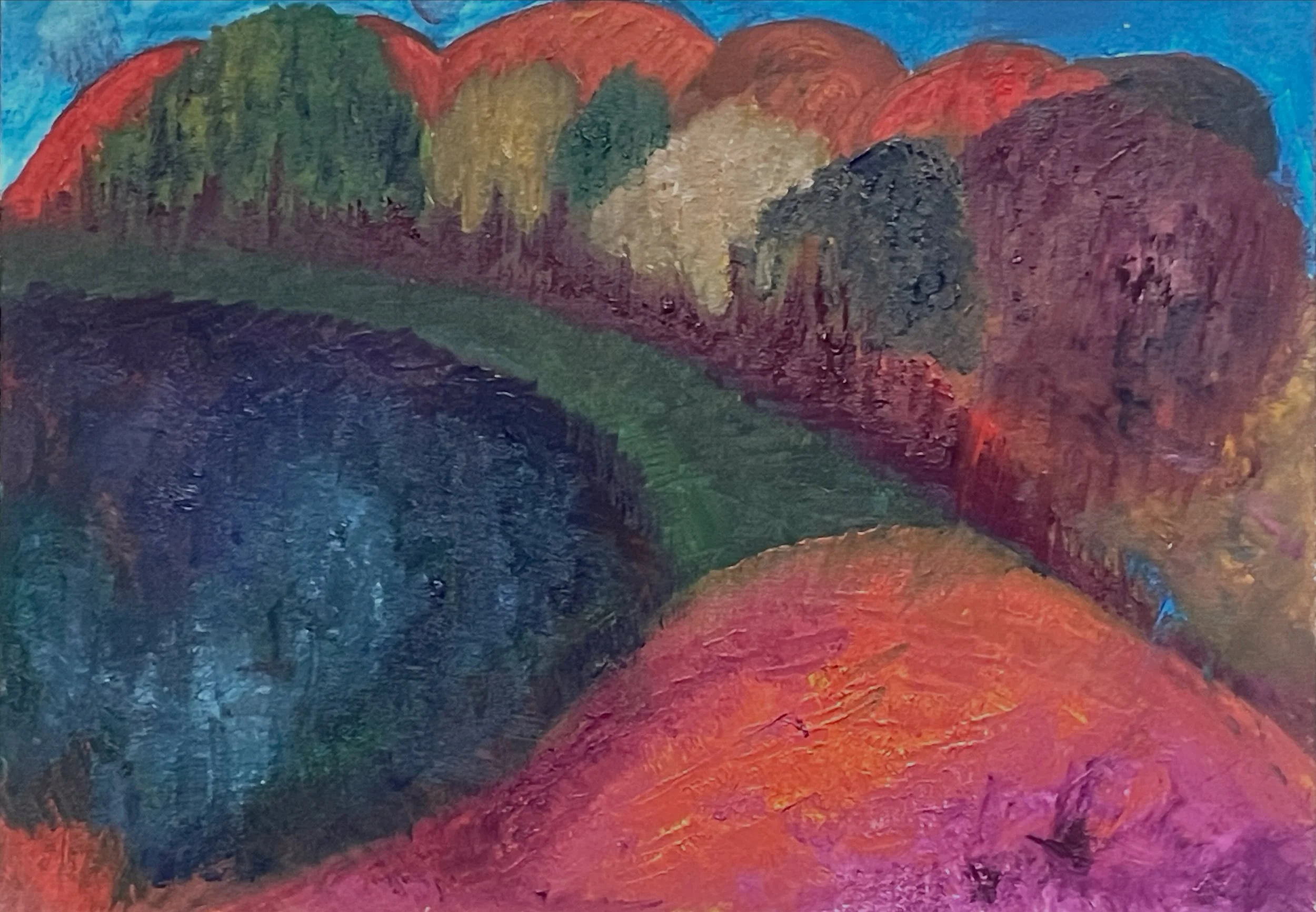 Imaginary landscape - prompted by the work of Emil Nolde (1867-1956). Oil on A3 board.