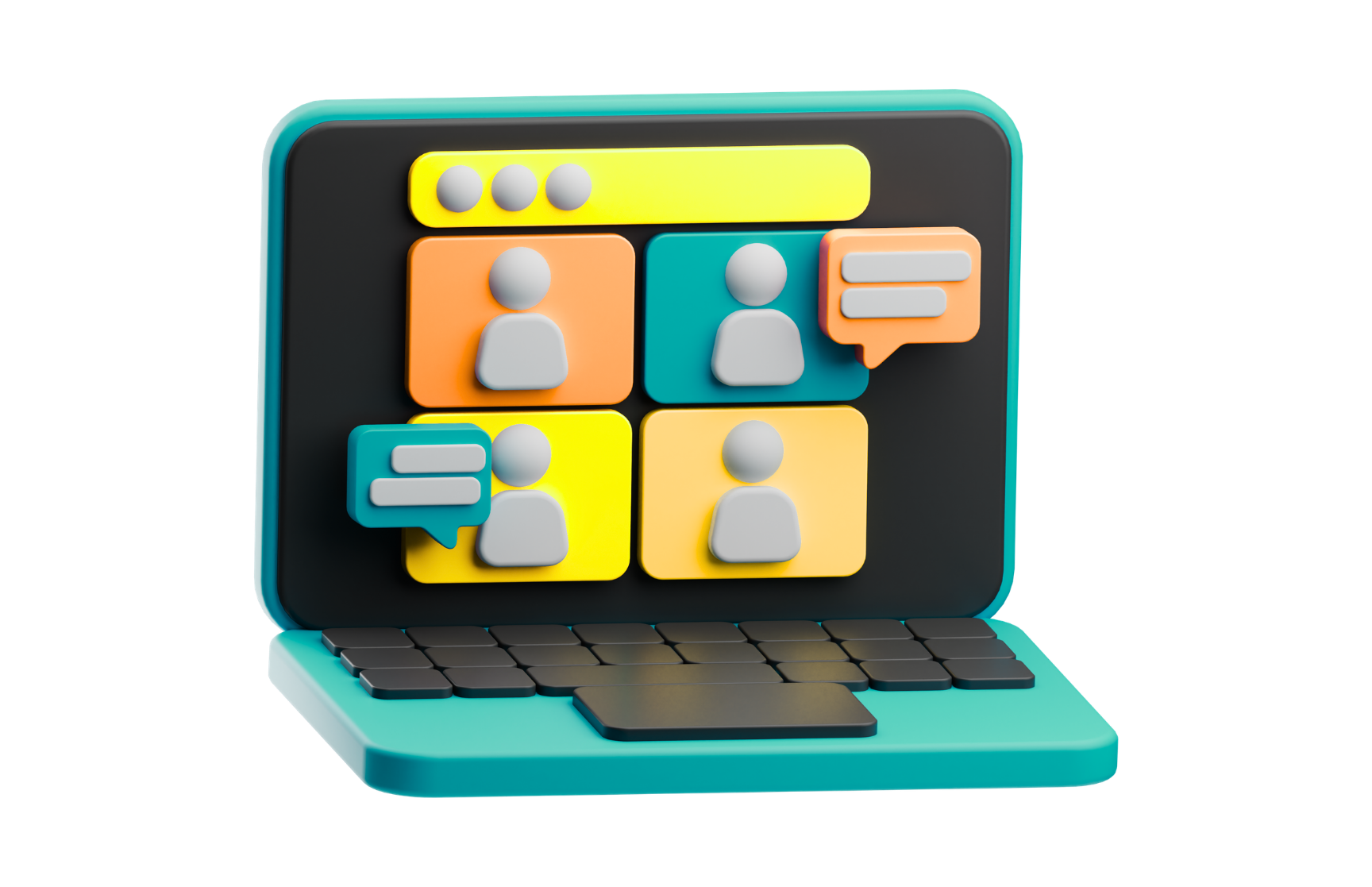 3D digital illustration of a laptop computer displaying a colorful video conferencing interface with four user icons, chat bubbles, and a black background.