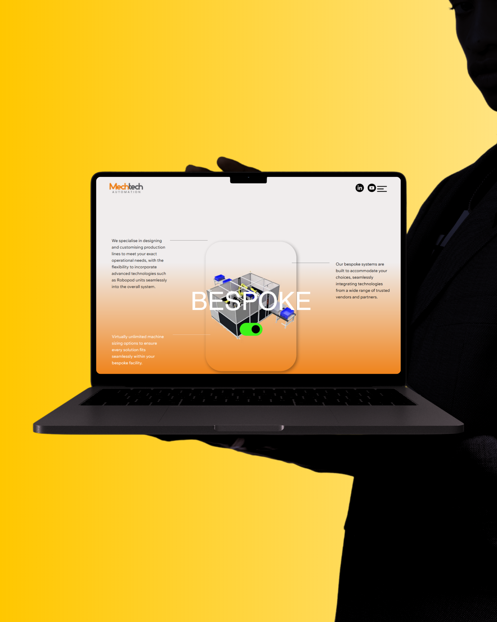 A person holding a laptop displaying a website with the logo "Mechtech" and the word "BESPOKE" over a yellow background.