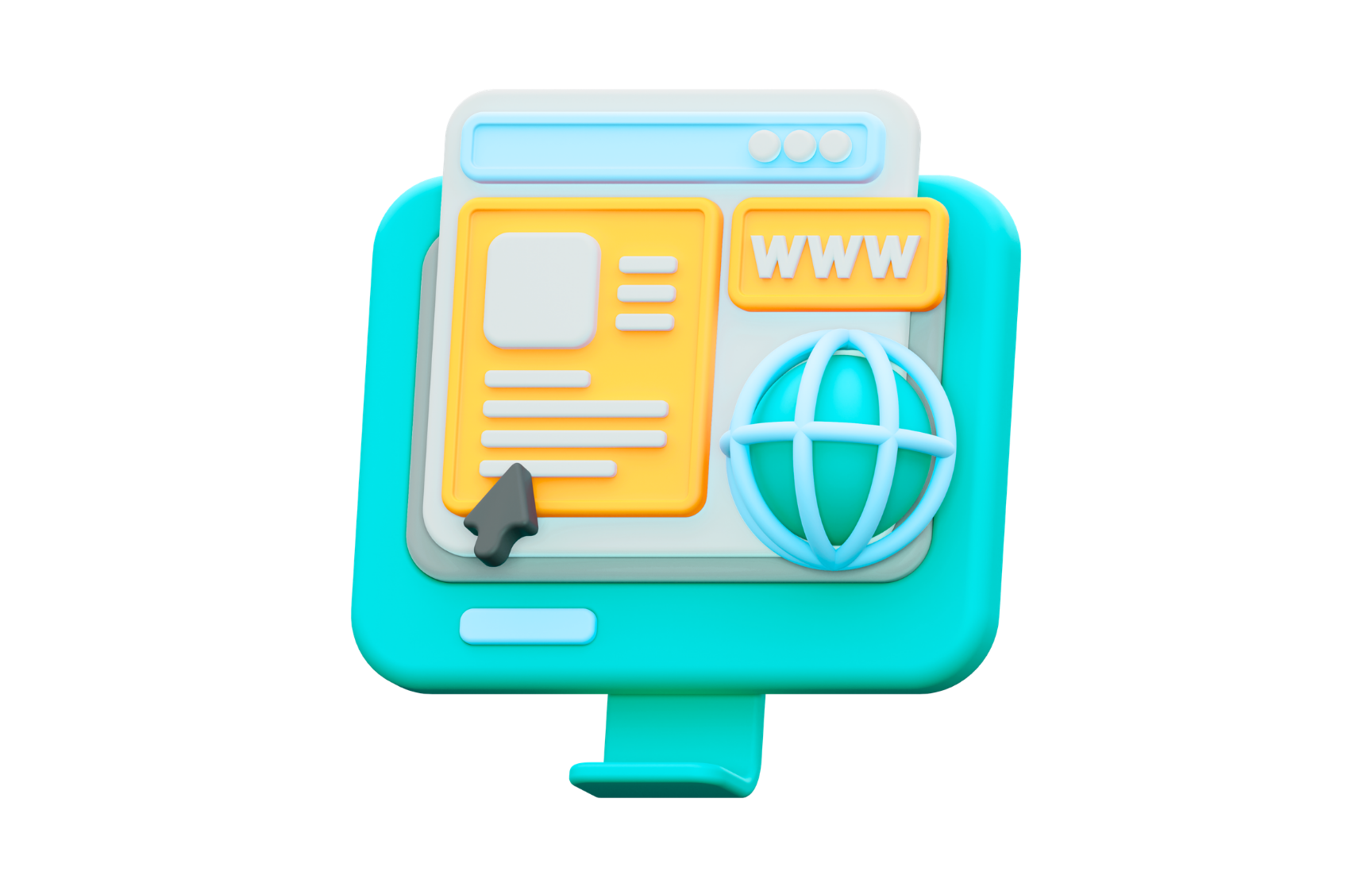 3D illustration of a web browser window with a webpage, including an address bar and three circles, a section with text and a cursor, a 'WWW' label, and a globe icon, all in soft pastel colors.