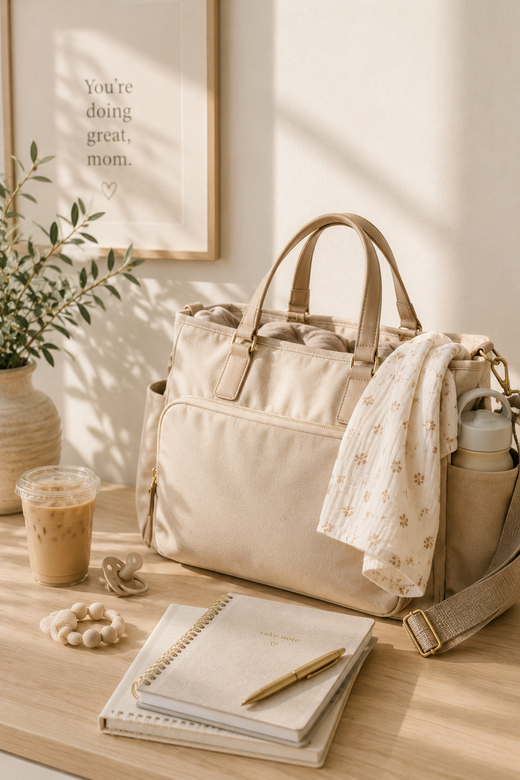 A beige tote bag on a wooden desk with a white patterned scarf, a water bottle, and a beaded wristband. Next to the bag are a cup of iced coffee, a pacifier, and a notebook with a gold pen. Behind the setup is a photo frame with the text 'You're doing great, mom.' and a potted plant.