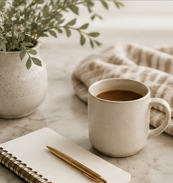 A cup of coffee on a marble countertop with a notebook and pen, a potted plant, and a beige blanket in the background.