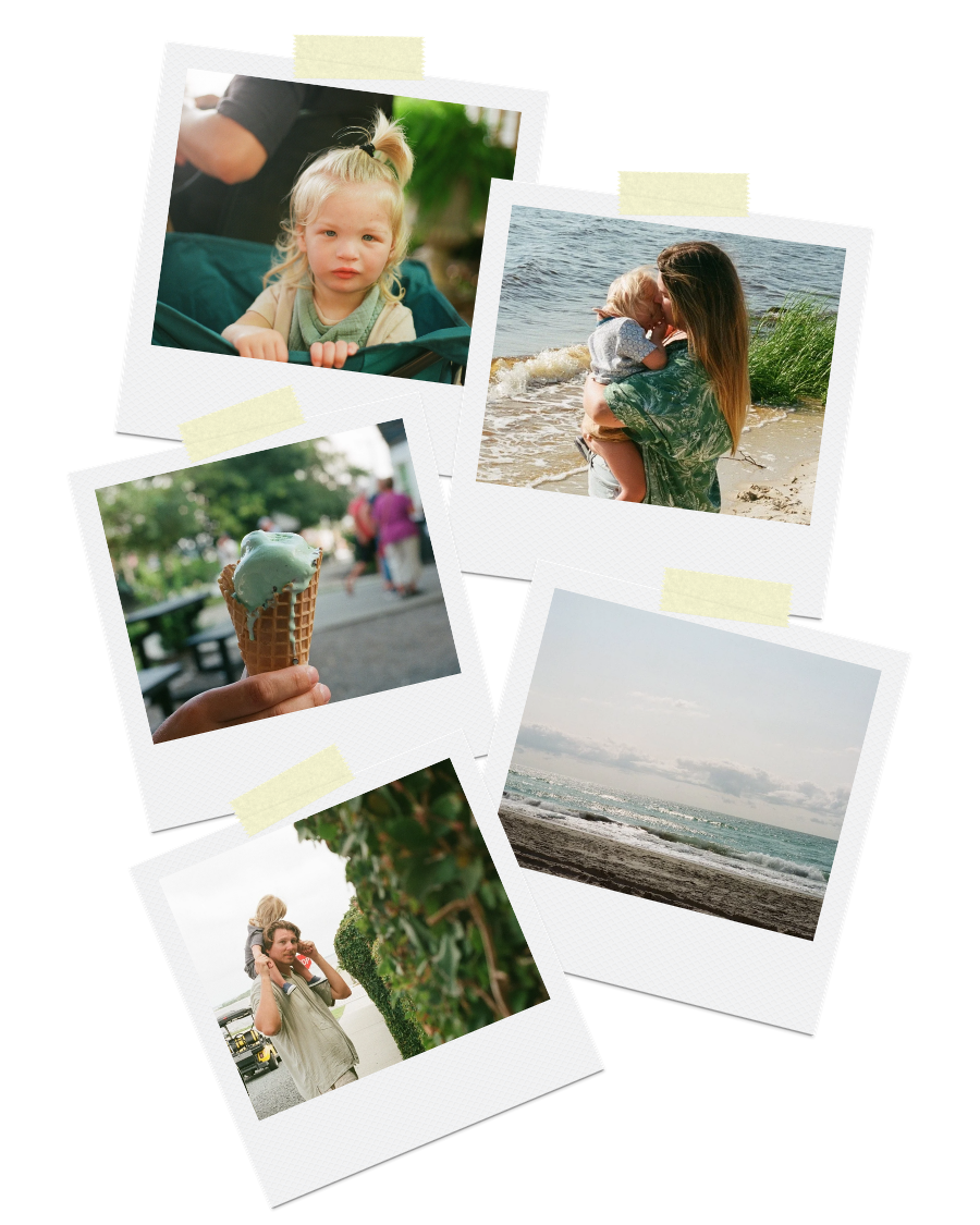 A collage of five vacation-themed photos, including a young girl outdoors, a woman holding a child by the ocean, a hand holding an ice cream cone, a woman carrying a child on her shoulders, and a cloudy beach scene.