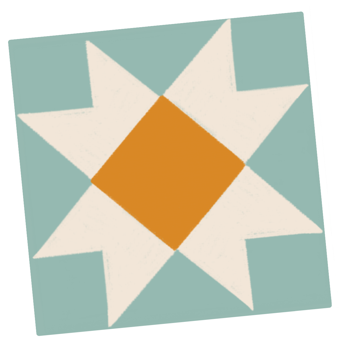 A quilt block with a star pattern, featuring a central orange square, surrounded by white triangles and light blue background fabric.