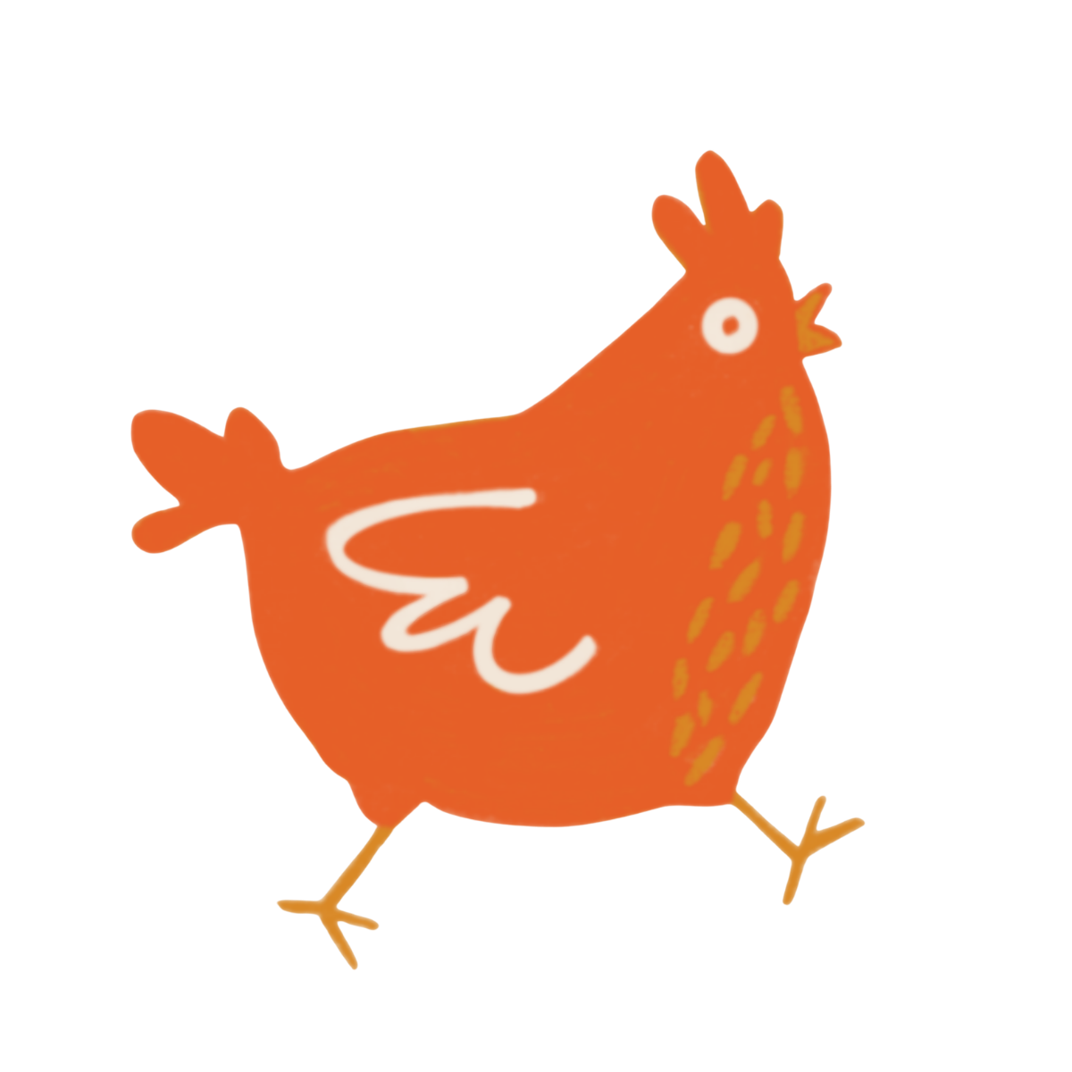 A cartoon illustration of a red chicken with a white wing detail and yellow spot patterns on its body.
