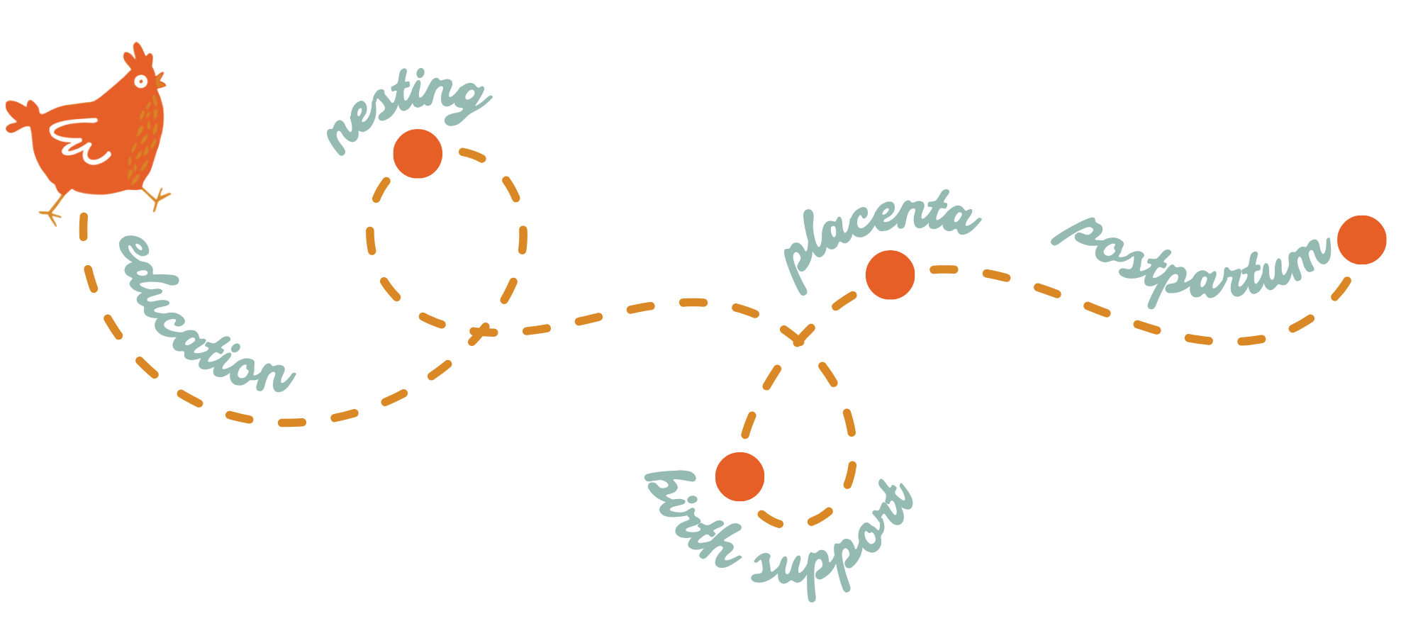 A stylized, hand-drawn path map with orange dotted lines, orange circles marking key points, and light blue cursive text indicating steps like 'elevation,' 'nesting,' 'placing,' 'postpartum,' and 'birth instinct,' along with a small orange cartoon bird.