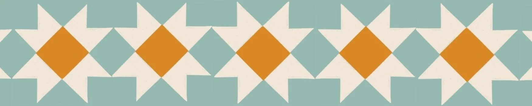 A geometric pattern with teal, cream, and brown diamonds and star-like shapes on a teal background.