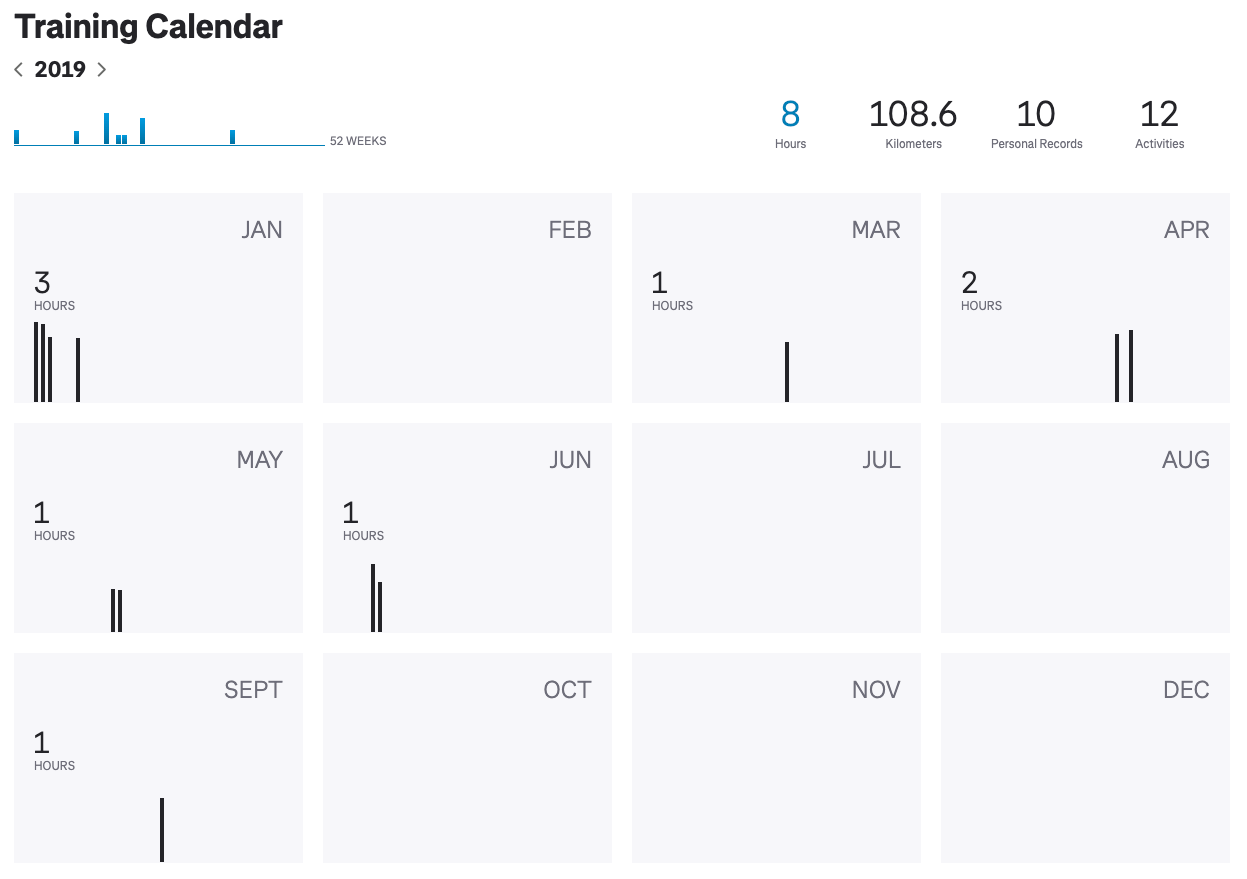 PKSRUNS Strava training calendar from 2019.