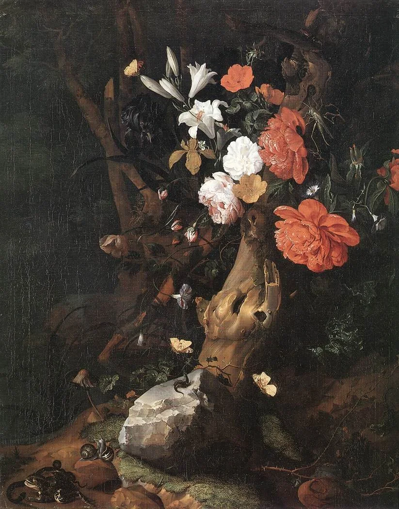 A dark still life painting by Rachel Ruysch of a flower arrangement with white, red, and pink flowers, a skull, a butterfly, and snails, set against a dark background.