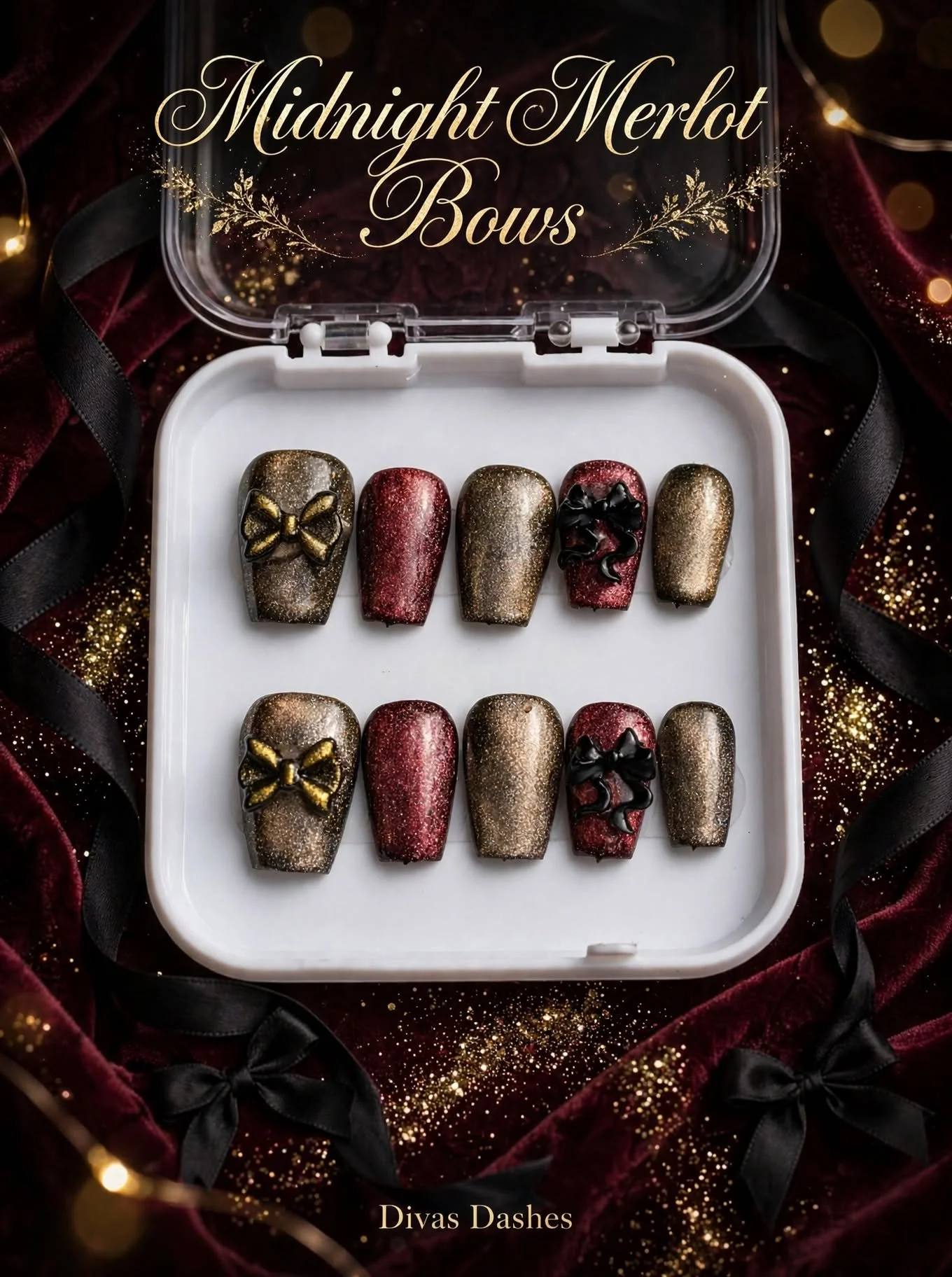Midnight Merlot Bows Handmade Nail set