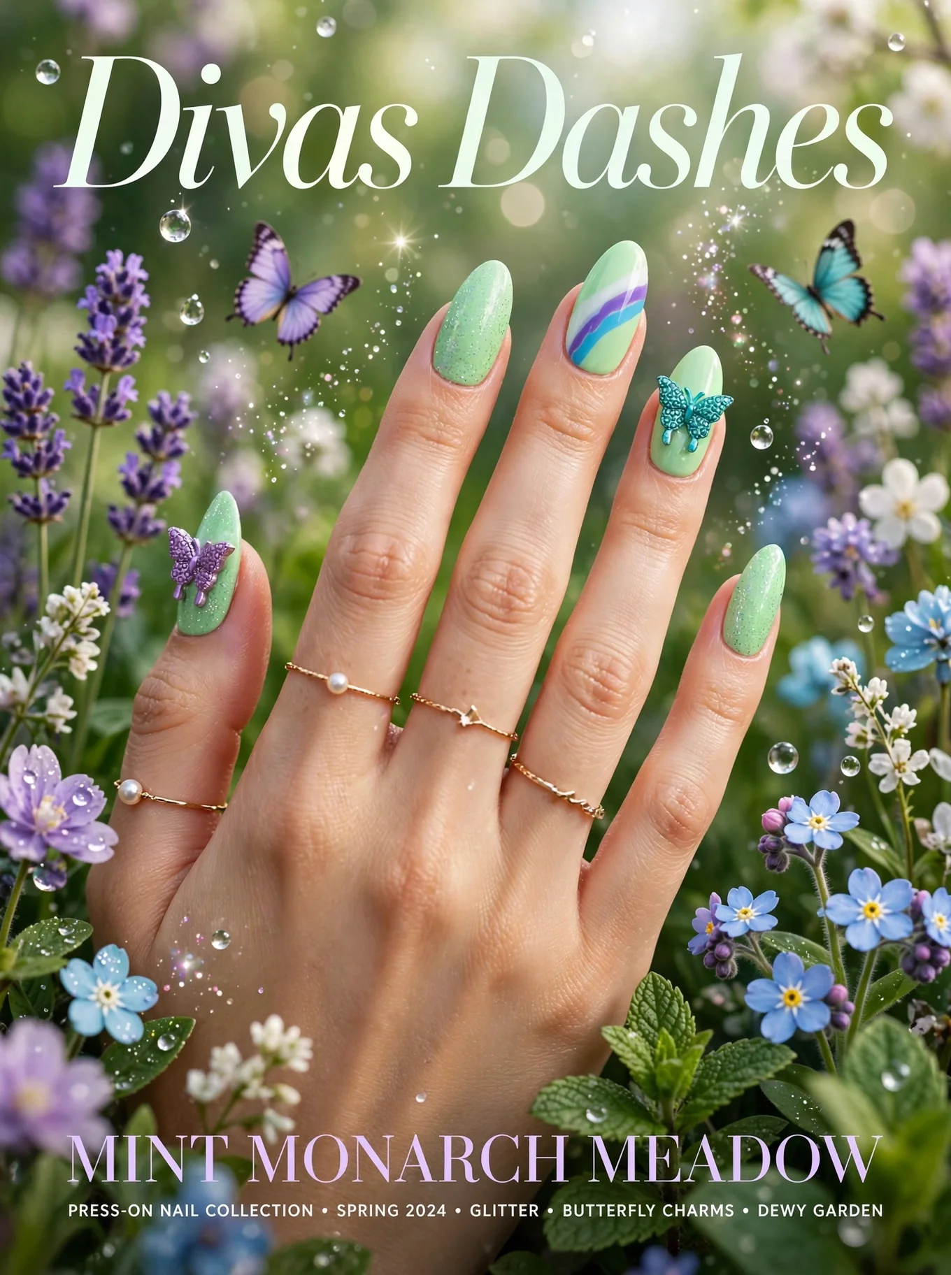 Mint Monarch Meadow Handmade Nail set