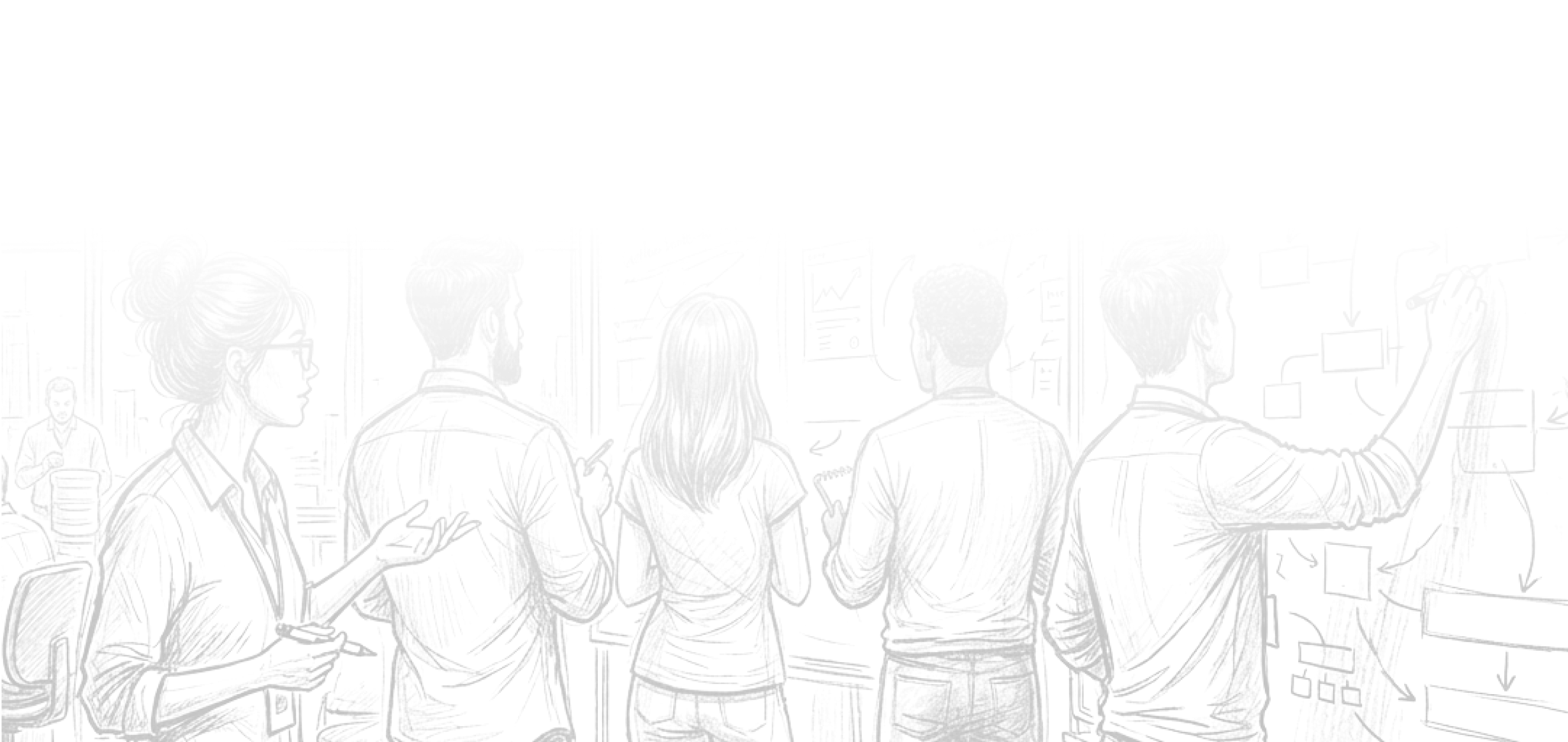 Sketch of five people in a business discussion, with charts and flowcharts on the wall