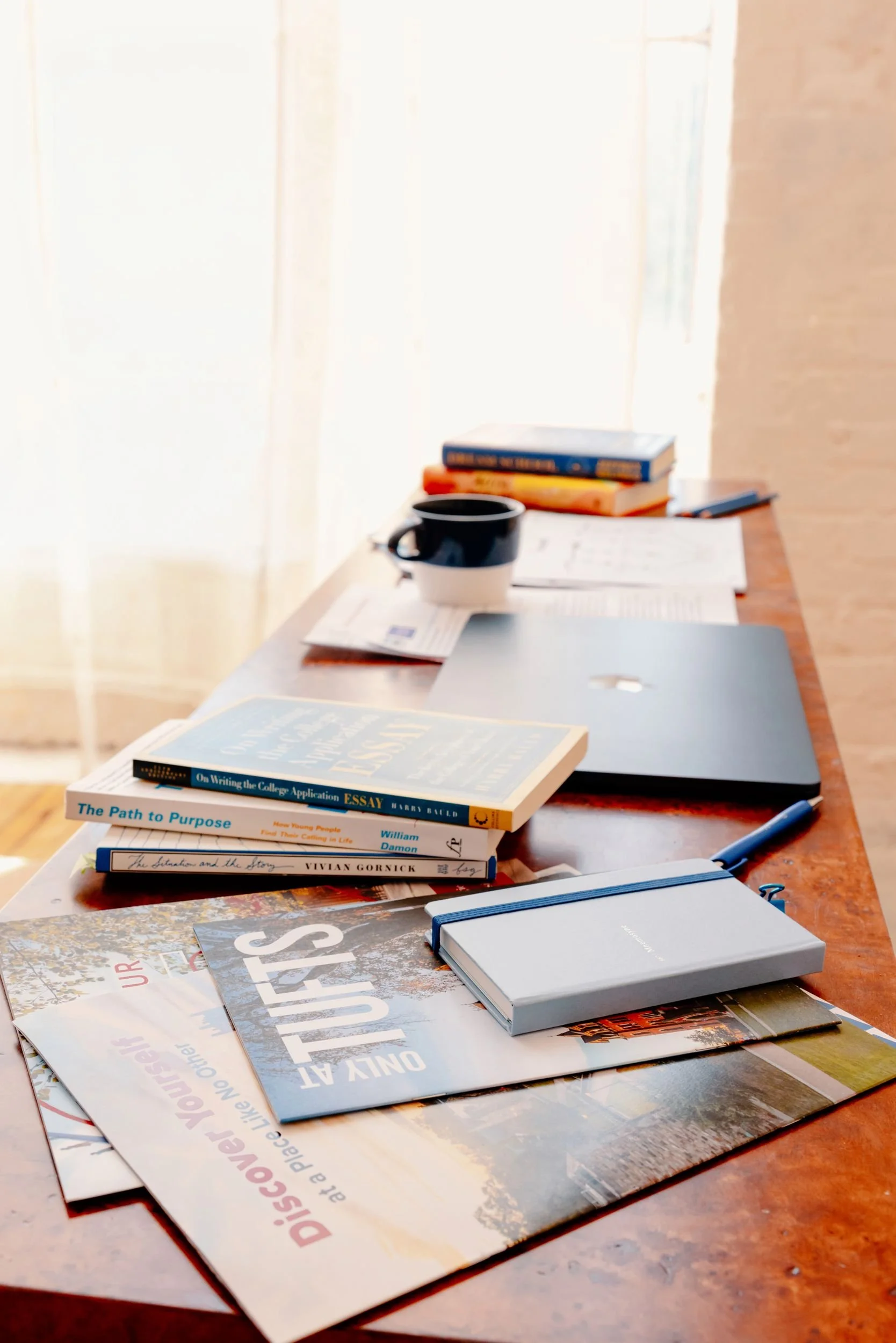Table with stacks of books and a blue and white mug and a laptop-drop-shadow